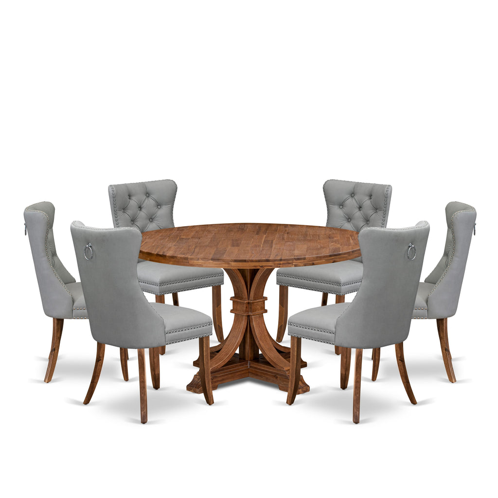Luxe by East West Furniture I7DA7-50N-27 7-Pc Mid Century Dining Set Contain a Room Table and 6 Light Gray Faux Leather Parson Chairs with Button-Tufted Back, Antique Walnut