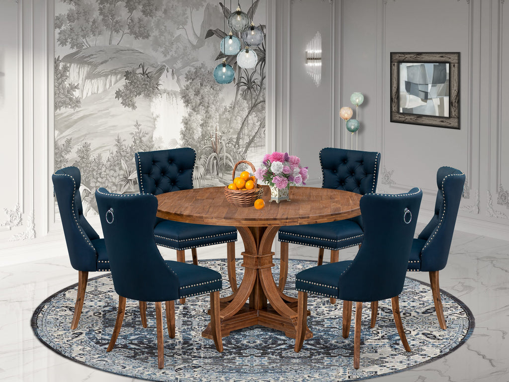 Luxe by East West Furniture I7DA7-50N-29 7-Piece Wooden Dining Set with Faux Leather 6 Navy Blue Upholstered chairs, Button-Tufted Backs, and a 54"Round Dining Table in Antique Walnut Finish.