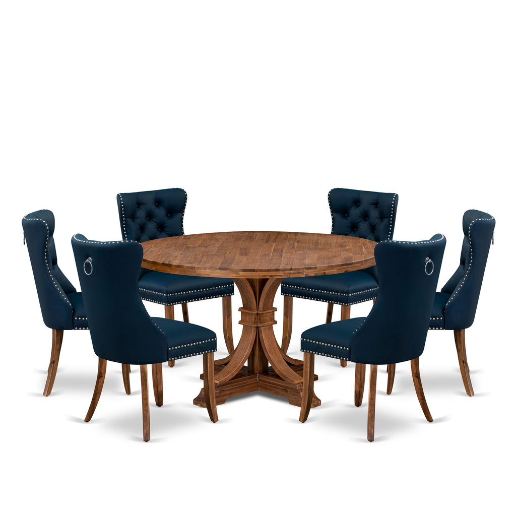 Luxe by East West Furniture I7DA7-50N-29 7-Piece Wooden Dining Set with Faux Leather 6 Navy Blue Upholstered chairs, Button-Tufted Backs, and a 54"Round Dining Table in Antique Walnut Finish.