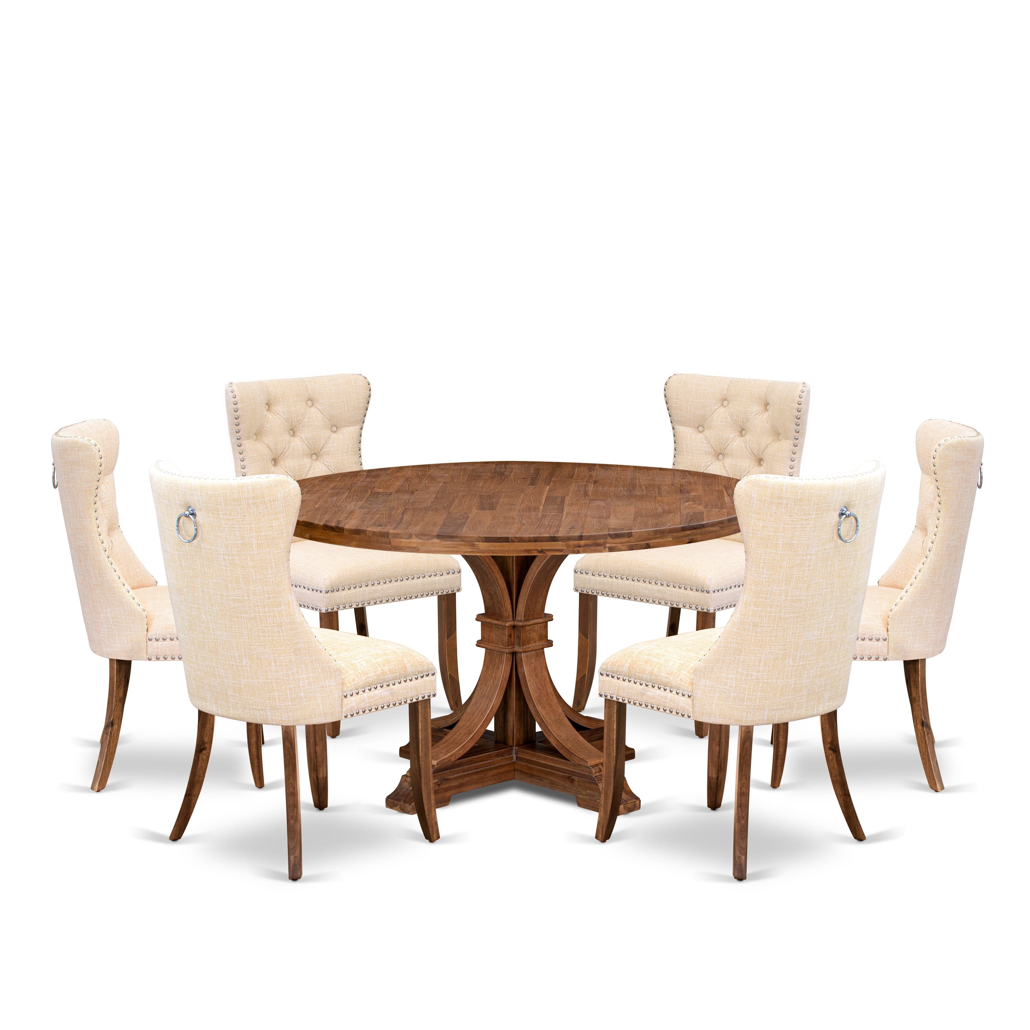 Luxe by East West Furniture I7DA7-50N-32 7-Piece Dining Room Set with Linen Fabric 6 Light Beige kitchen chairs, Button-Tufted Backs, and a 54"Round Dinner Table in Antique Walnut Finish.