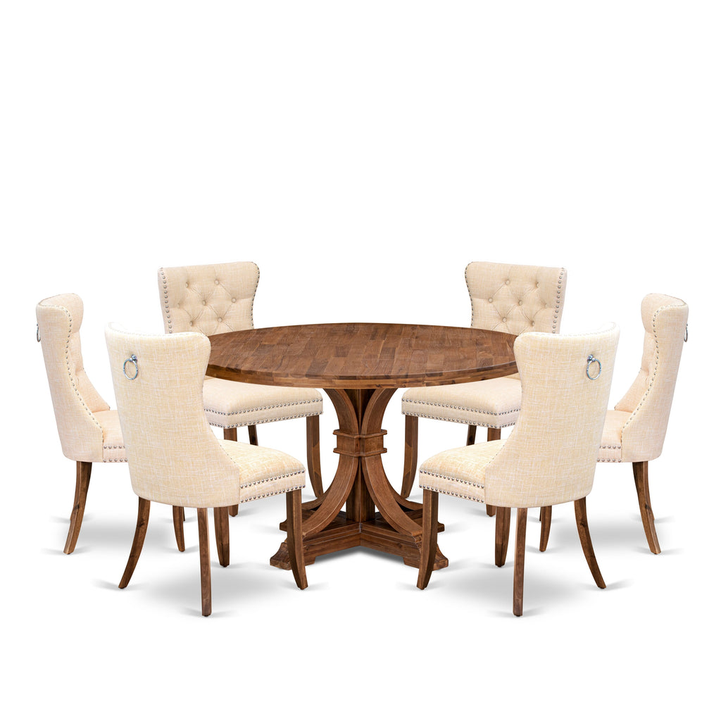 Luxe by East West Furniture I7DA7-50N-32 7-Piece Dining Room Set with Linen Fabric 6 Light Beige kitchen chairs, Button-Tufted Backs, and a 54"Round Dinner Table in Antique Walnut Finish.