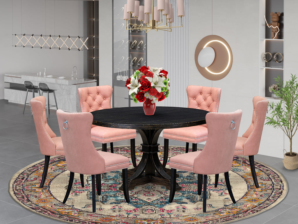 Luxe by East West Furniture I7DA7-511-23 7 Piece Dining Set Contains a 54" Round Kitchen Table with Pedestal and 6 Beige Red Faux Leather Parson Chairs, Sand Blasted Black