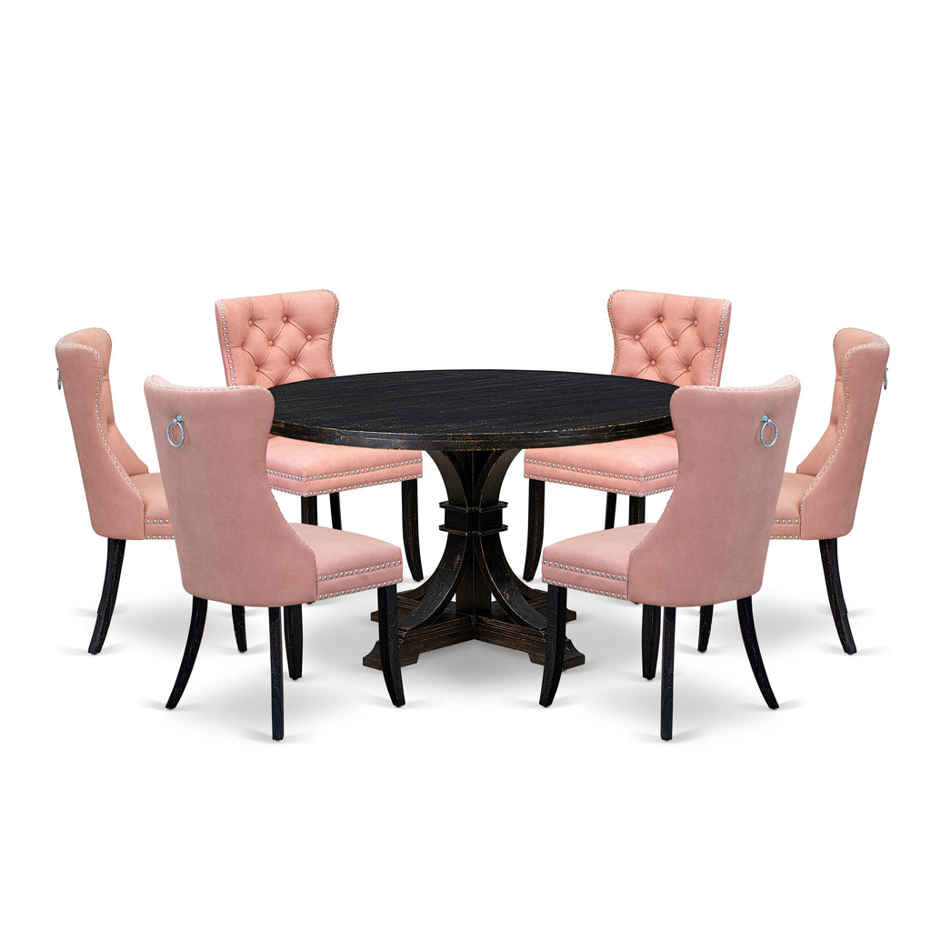 Luxe by East West Furniture I7DA7-511-23 7 Piece Dining Set Contains a 54" Round Kitchen Table with Pedestal and 6 Beige Red Faux Leather Parson Chairs, Sand Blasted Black