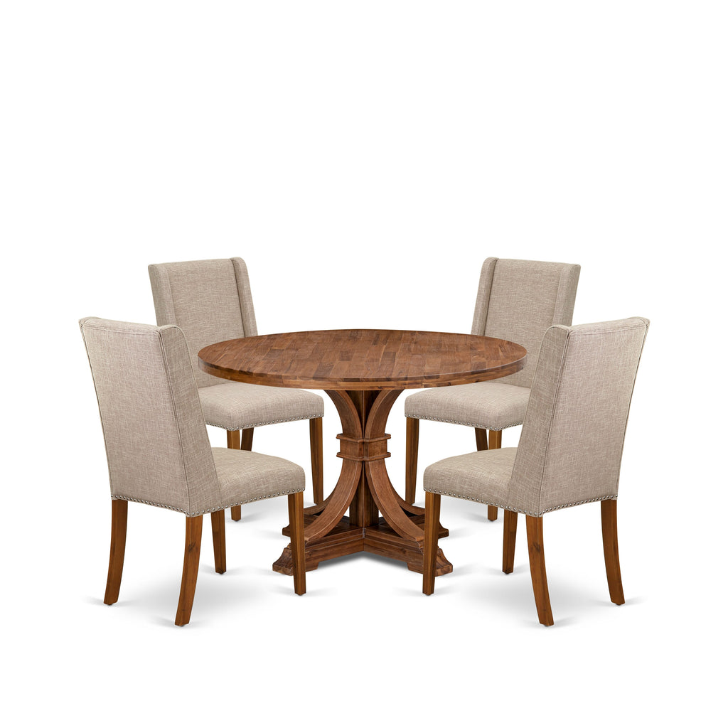 Luxe by East West Furniture - I7FL5-40N-04 - 5-Piece Kitchen Table Set Consist of A Dining Table and 4 Light Tan Linen Fabric Kitchen Chairs with High Back, Antique Walnut