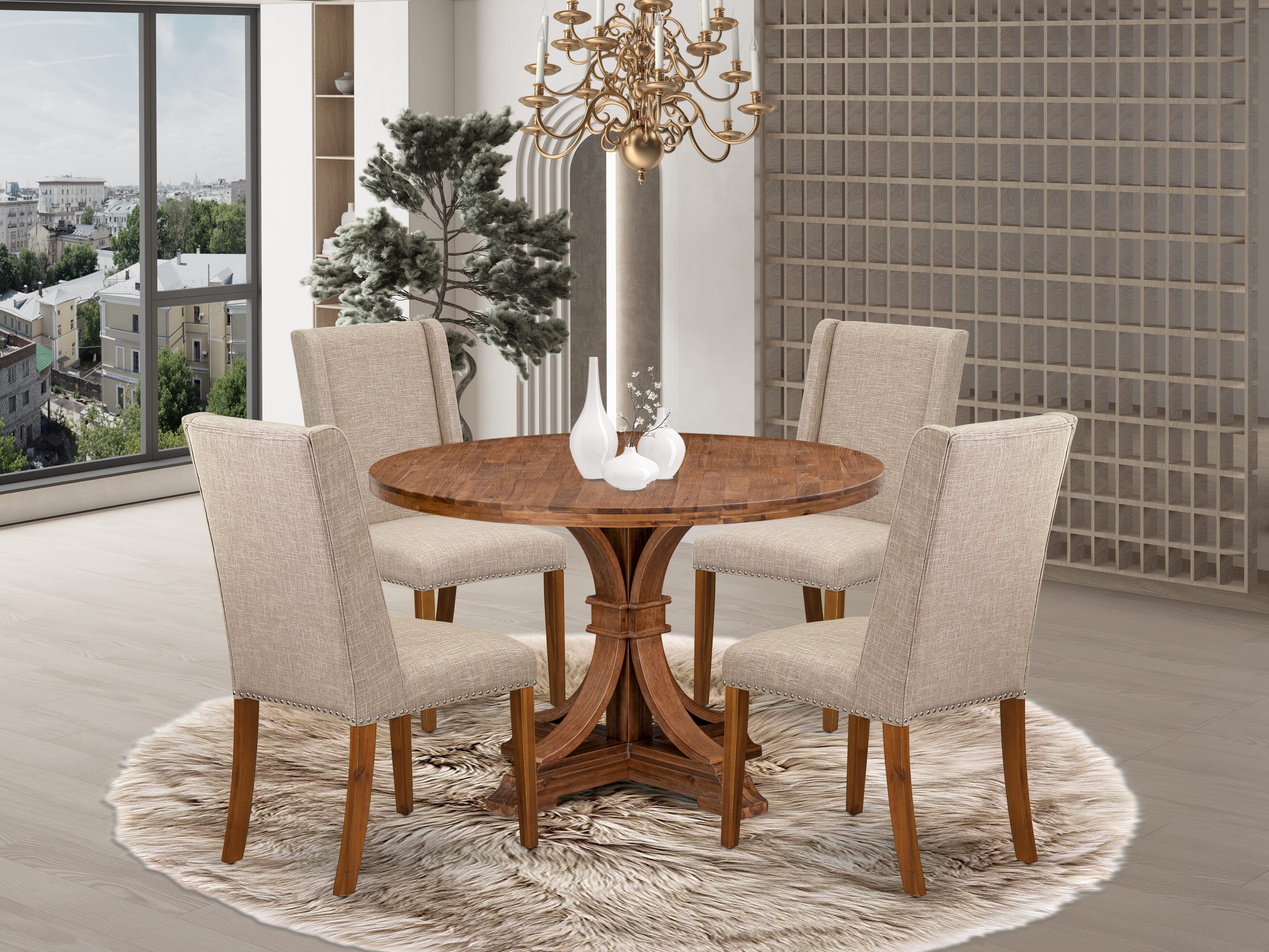 Luxe by East West Furniture - I7FL5-40N-04 - 5-Piece Kitchen Table Set Consist of A Dining Table and 4 Light Tan Linen Fabric Kitchen Chairs with High Back, Antique Walnut