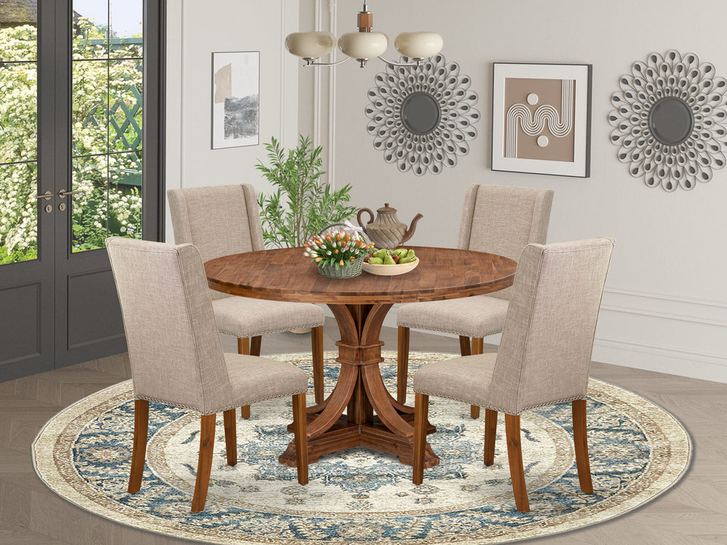 Luxe by East West Furniture I7FL5-50N-04 5-piece Kitchen Table Set consists of a dinner table and 4 Light Tan Linen Fabric dinner chairs with Padded Back - Antique Walnut