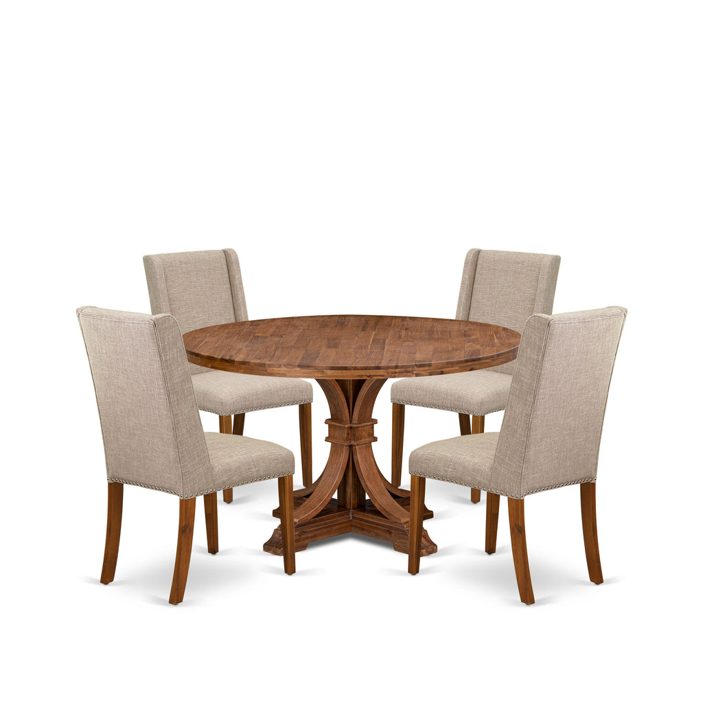 Luxe by East West Furniture I7FL5-50N-04 5-piece Kitchen Table Set consists of a dinner table and 4 Light Tan Linen Fabric dinner chairs with Padded Back - Antique Walnut