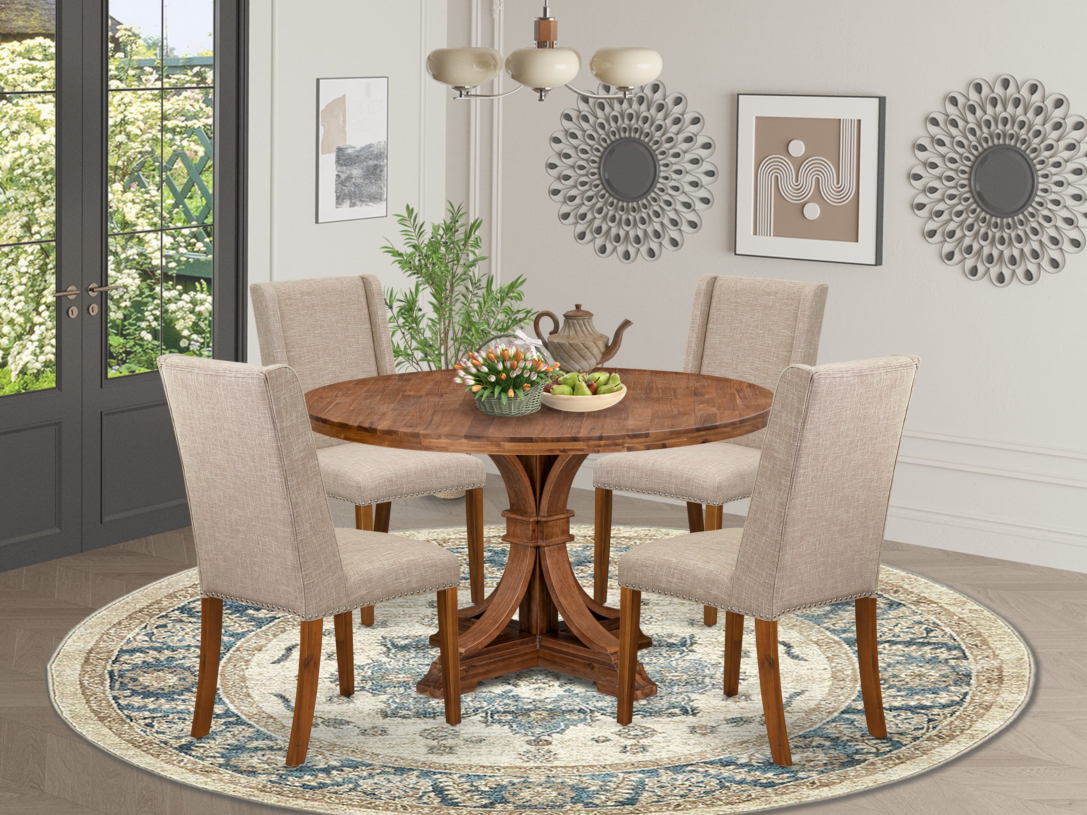 Luxe by East West Furniture I7FL5-50N-04 5-piece Kitchen Table Set consists of a dinner table and 4 Light Tan Linen Fabric dinner chairs with Padded Back - Antique Walnut