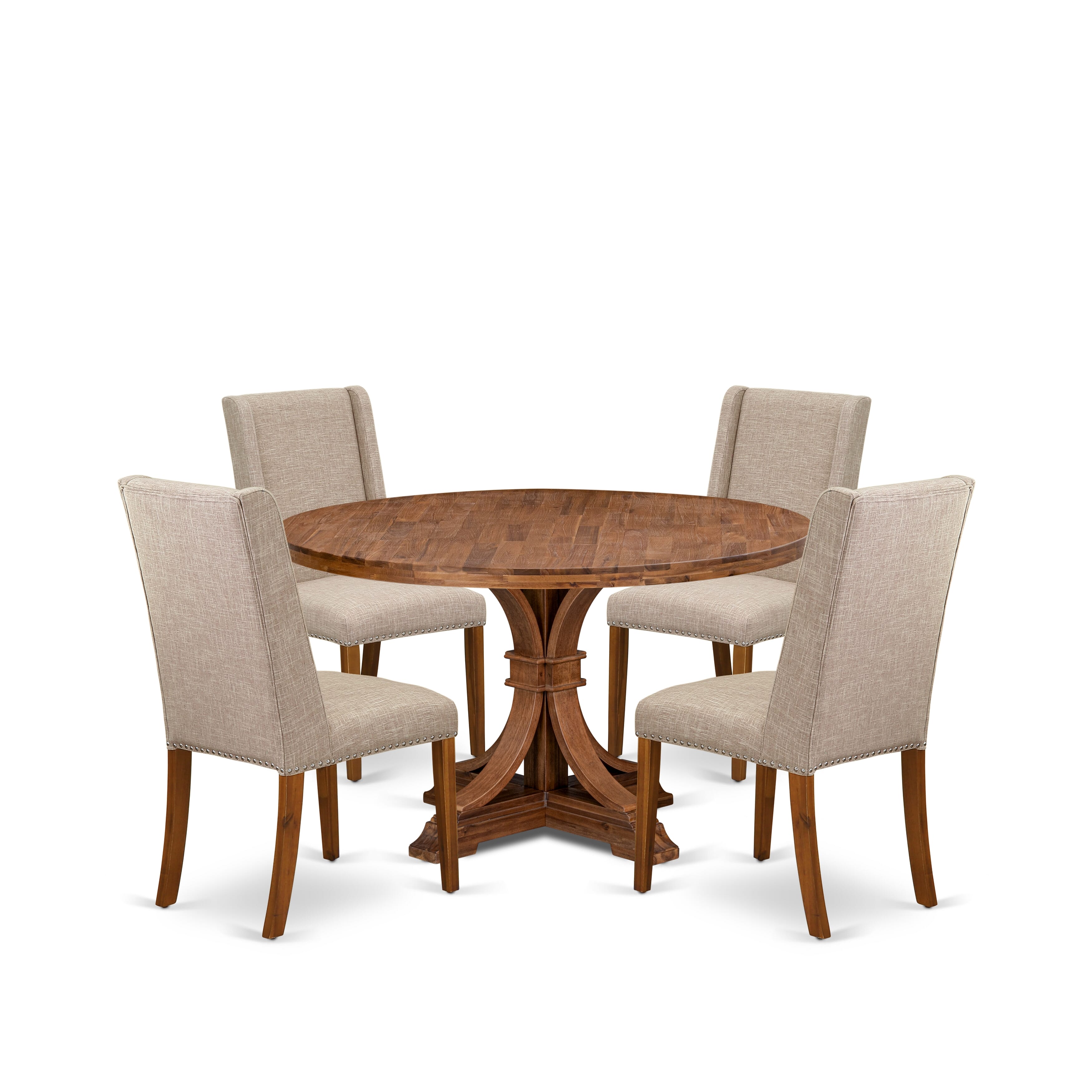 Luxe by East West Furniture I7FL5-50N-04 5-piece Kitchen Table Set consists of a dinner table and 4 Light Tan Linen Fabric dinner chairs with Padded Back - Antique Walnut