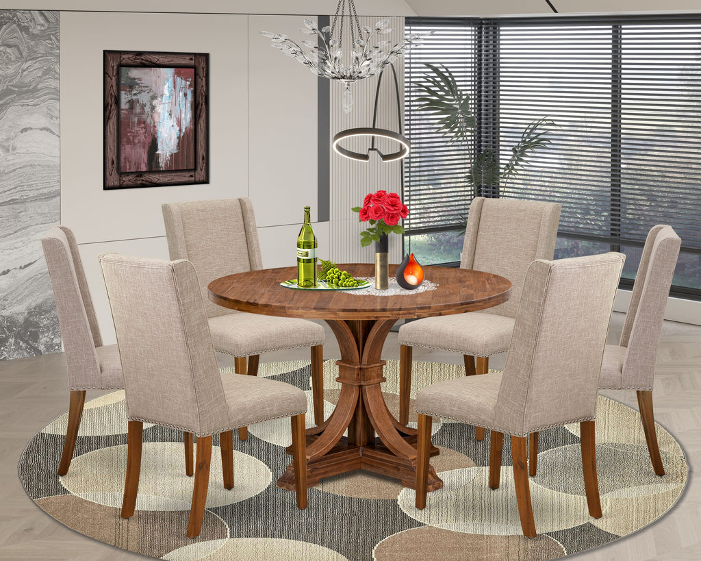 Luxe by East West Furniture - I7FL7-40N-04 - 7-Piece Dining Room Set Includes A Dinning Table and 6 Light Tan Linen Fabric Dining Chairs with High Back, Antique Walnut