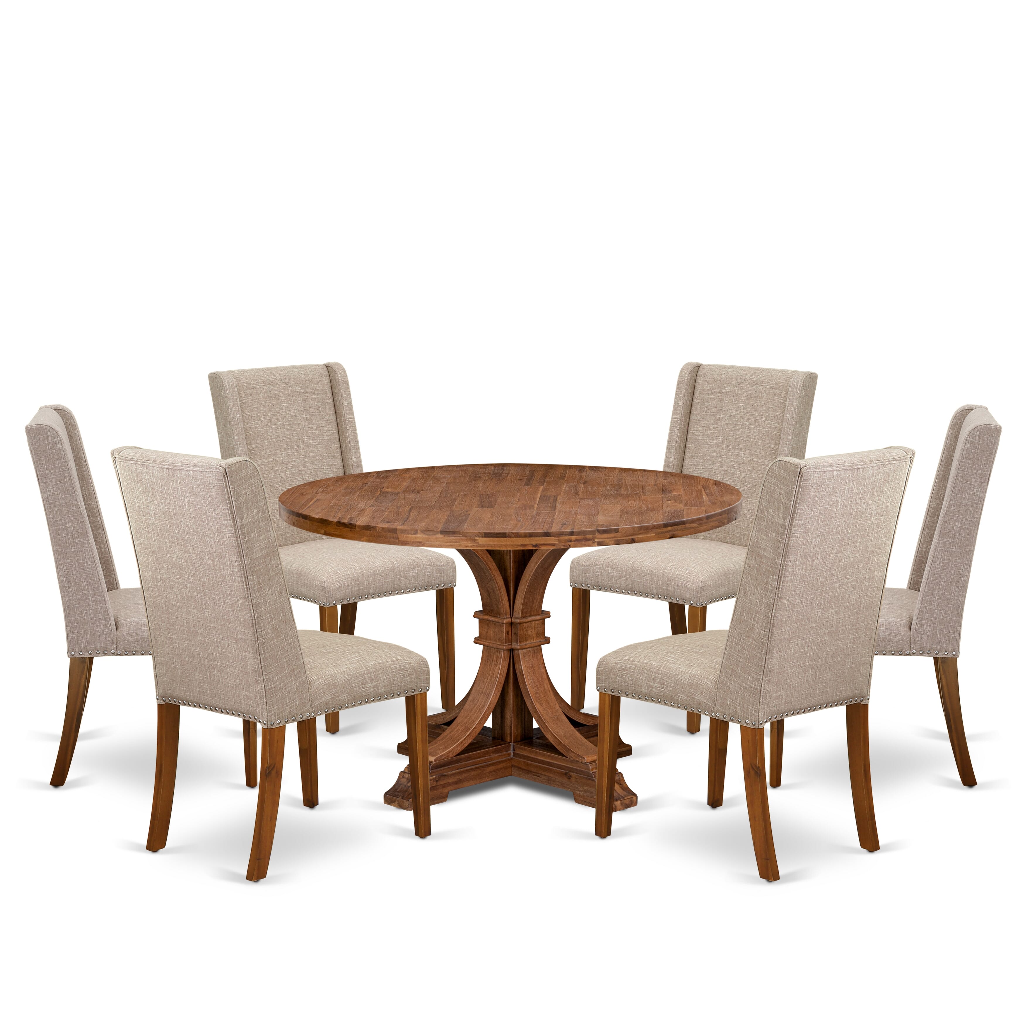 Luxe by East West Furniture - I7FL7-40N-04 - 7-Piece Dining Room Set Includes A Dinning Table and 6 Light Tan Linen Fabric Dining Chairs with High Back, Antique Walnut