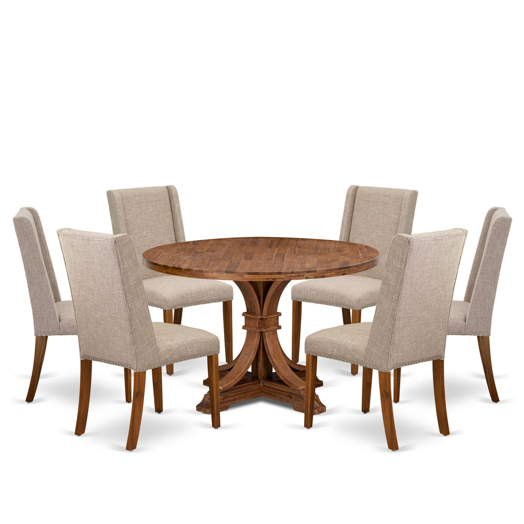 Luxe by East West Furniture - I7FL7-40N-04 - 7-Piece Dining Room Set Includes A Dinning Table and 6 Light Tan Linen Fabric Dining Chairs with High Back, Antique Walnut