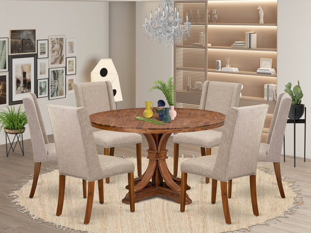 Luxe by East West Furniture I7FL7-50N-04 7-piece Mid-Centrury Dining Set contains a wood table and 6 Light Tan Linen Fabric parsons chair with Padded Back - Antique Walnut
