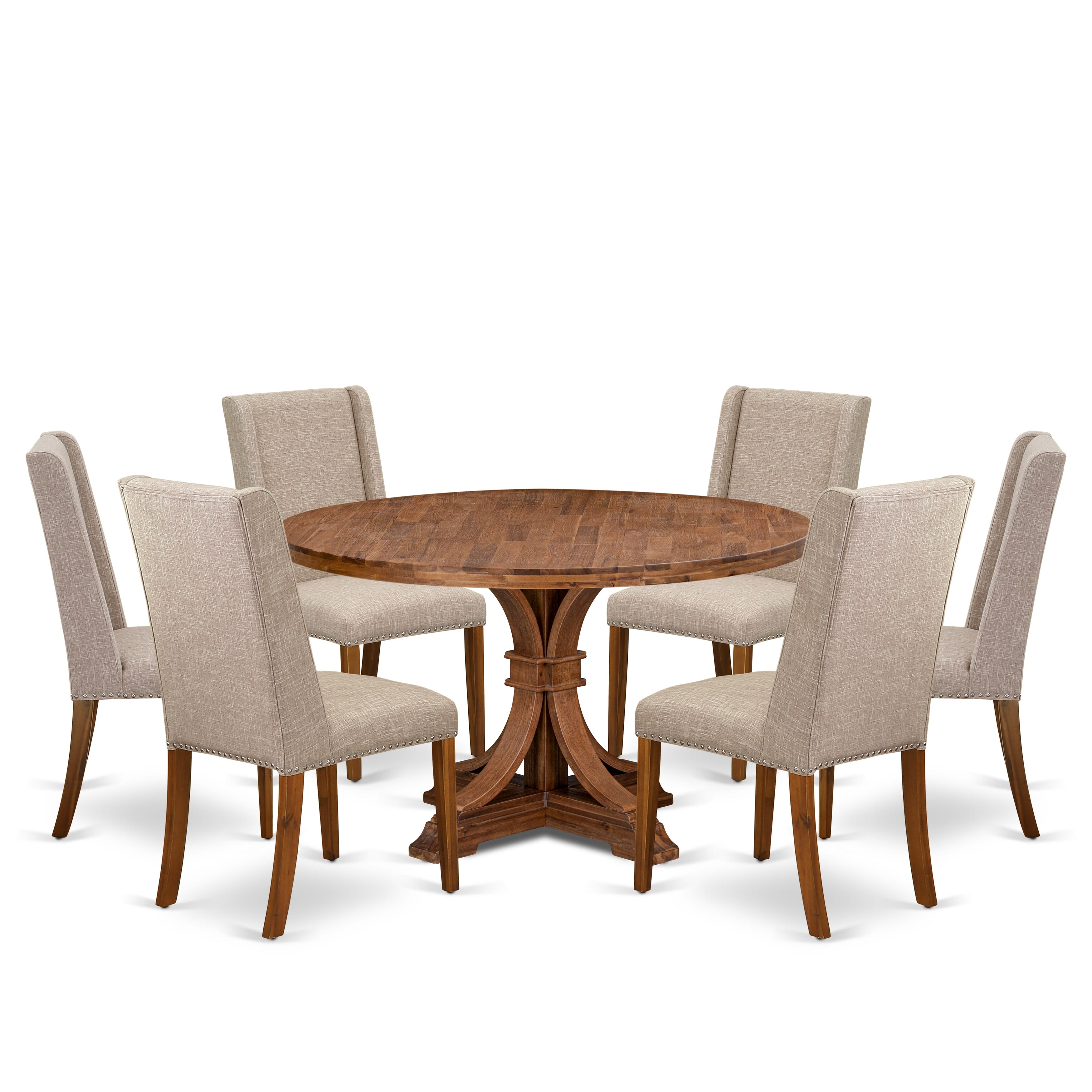Luxe by East West Furniture I7FL7-50N-04 7-piece Mid-Centrury Dining Set contains a wood table and 6 Light Tan Linen Fabric parsons chair with Padded Back - Antique Walnut