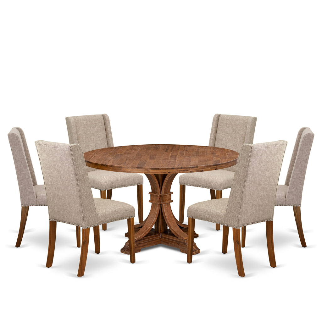 Luxe by East West Furniture I7FL7-50N-04 7-piece Mid-Centrury Dining Set contains a wood table and 6 Light Tan Linen Fabric parsons chair with Padded Back - Antique Walnut