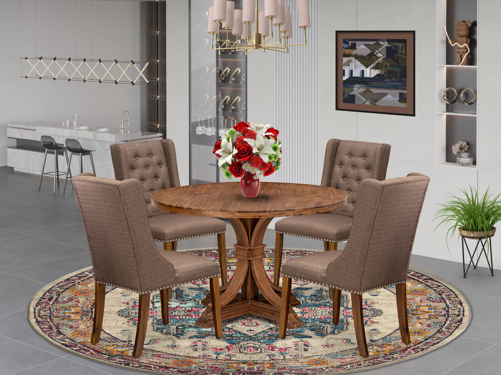 Luxe by East West Furniture - I7FO5-40N-18 - 5-Pc Kitchen Dining Table Set Consist of A Kitchen Table and 4 Brown Linen Fabric Chairs with Button Tufted Back, Antique Walnut