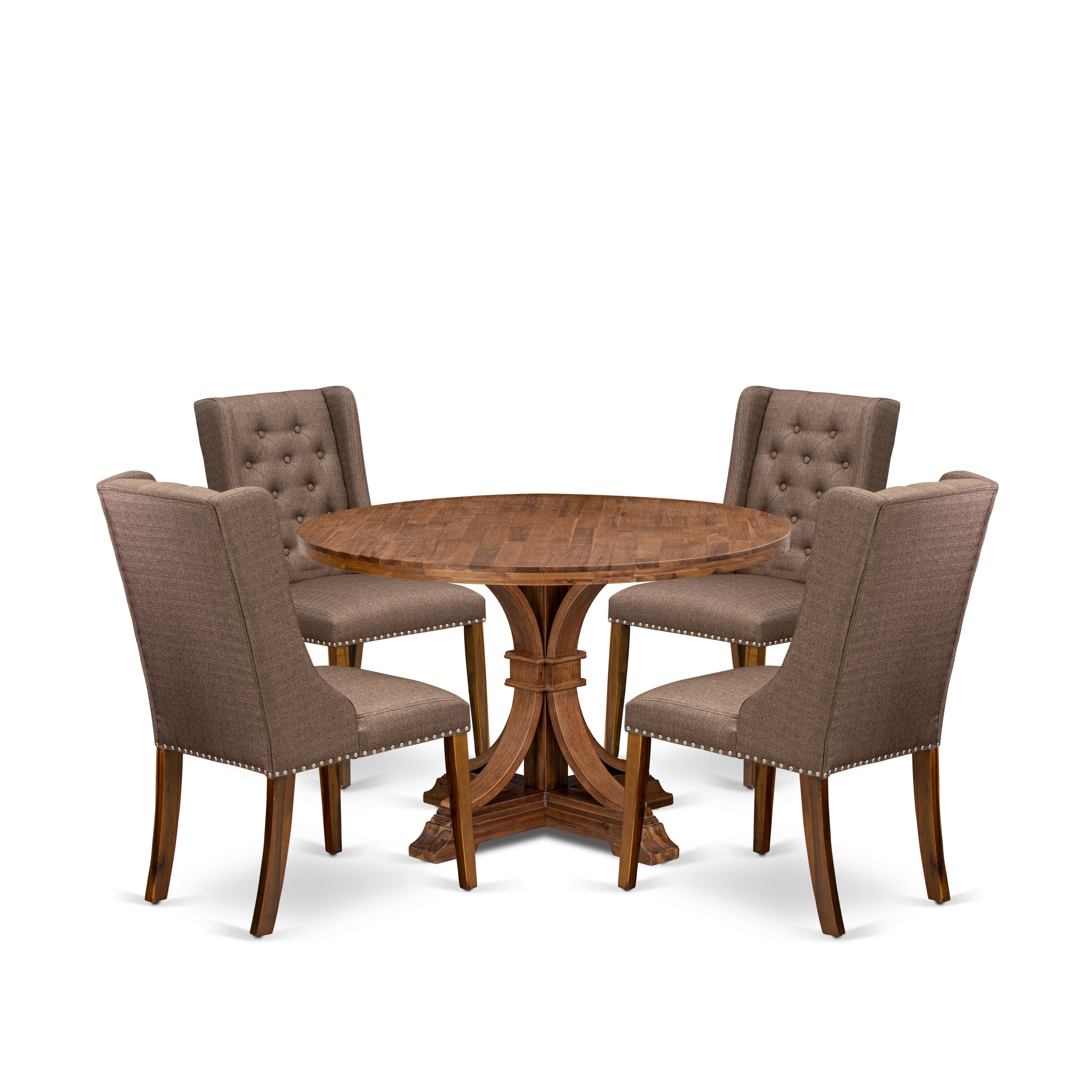 Luxe by East West Furniture - I7FO5-40N-18 - 5-Pc Kitchen Dining Table Set Consist of A Kitchen Table and 4 Brown Linen Fabric Chairs with Button Tufted Back, Antique Walnut