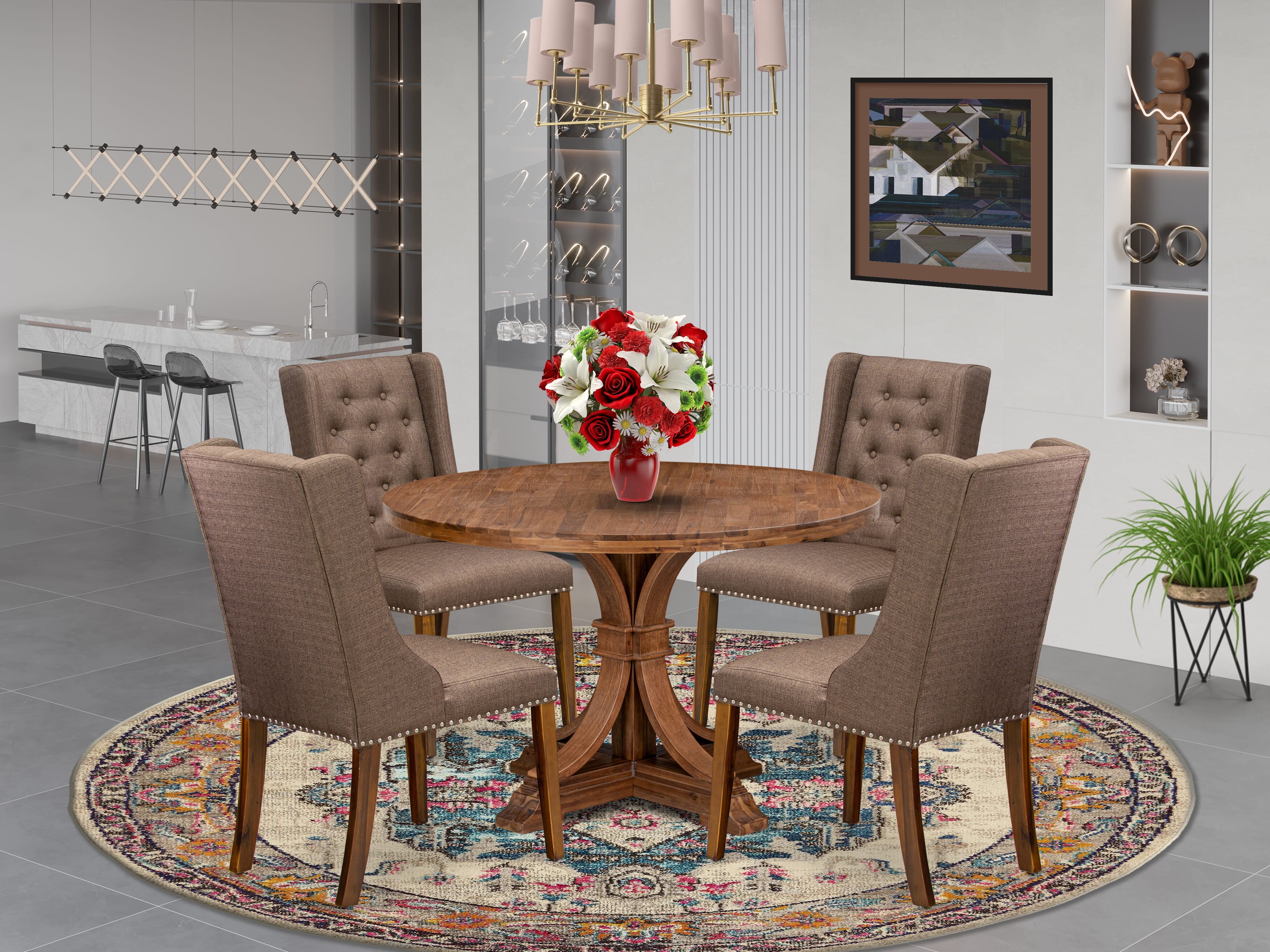 Luxe by East West Furniture - I7FO5-40N-18 - 5-Pc Kitchen Dining Table Set Consist of A Kitchen Table and 4 Brown Linen Fabric Chairs with Button Tufted Back, Antique Walnut