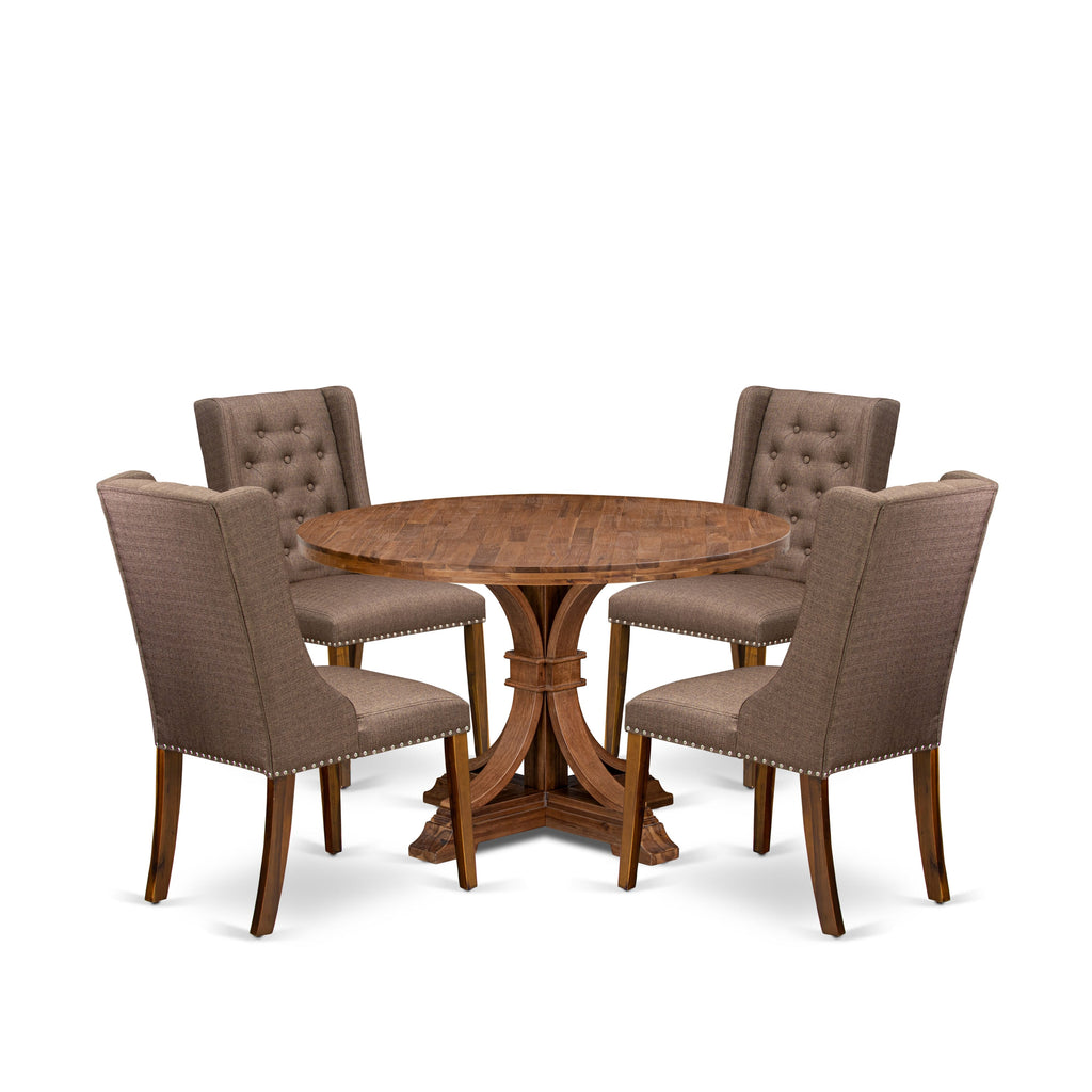 Luxe by East West Furniture - I7FO5-40N-18 - 5-Pc Kitchen Dining Table Set Consist of A Kitchen Table and 4 Brown Linen Fabric Chairs with Button Tufted Back, Antique Walnut
