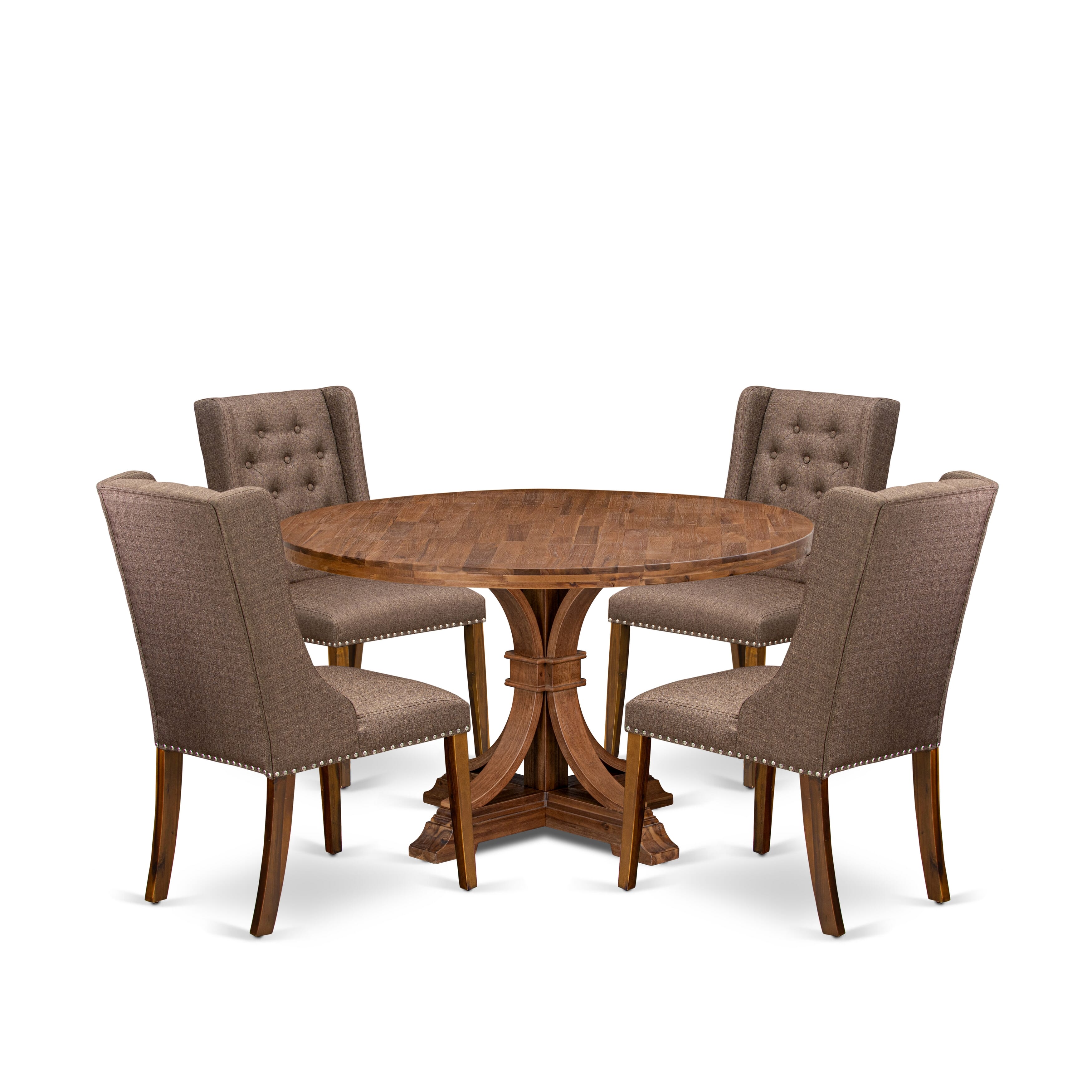 Luxe by East West Furniture - I7FO5-50N-18 - 5-Piece Dining Table Set Includes A Dining Room Table and 4 Brown Linen Fabric Chairs with Button Tufted Back, Antique Walnut