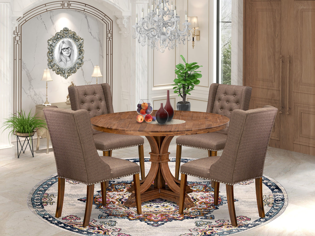 Luxe by East West Furniture - I7FO5-50N-18 - 5-Piece Dining Table Set Includes A Dining Room Table and 4 Brown Linen Fabric Chairs with Button Tufted Back, Antique Walnut