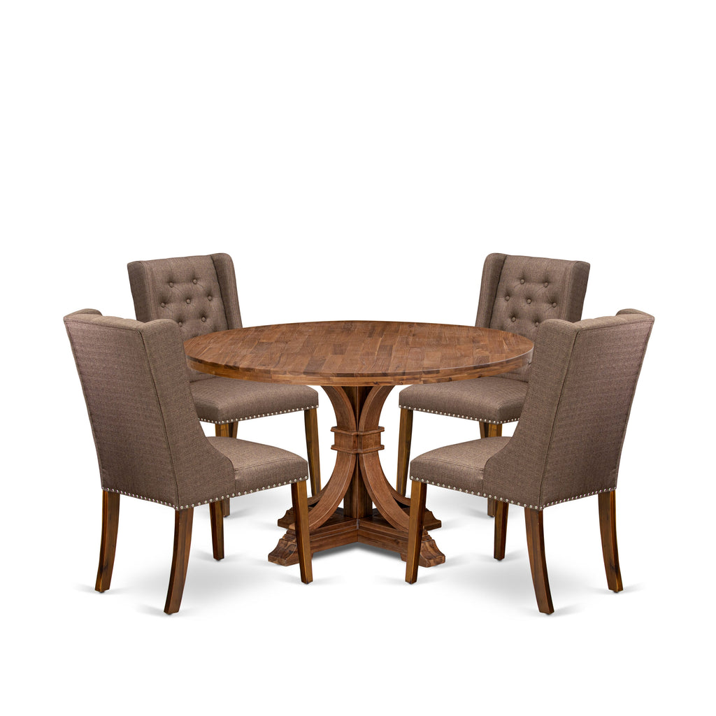 Luxe by East West Furniture - I7FO5-50N-18 - 5-Piece Dining Table Set Includes A Dining Room Table and 4 Brown Linen Fabric Chairs with Button Tufted Back, Antique Walnut