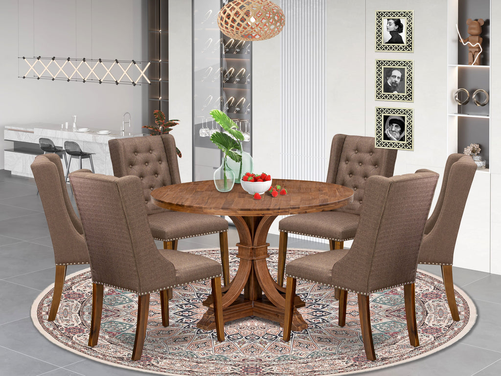Luxe by East West Furniture - I7FO7-40N-18 - 7-Pc Modern Dining Table Set Includes A Mid Century Table and 6 Brown Linen Fabric Chairs with Button Tufted Back, Antique Walnut