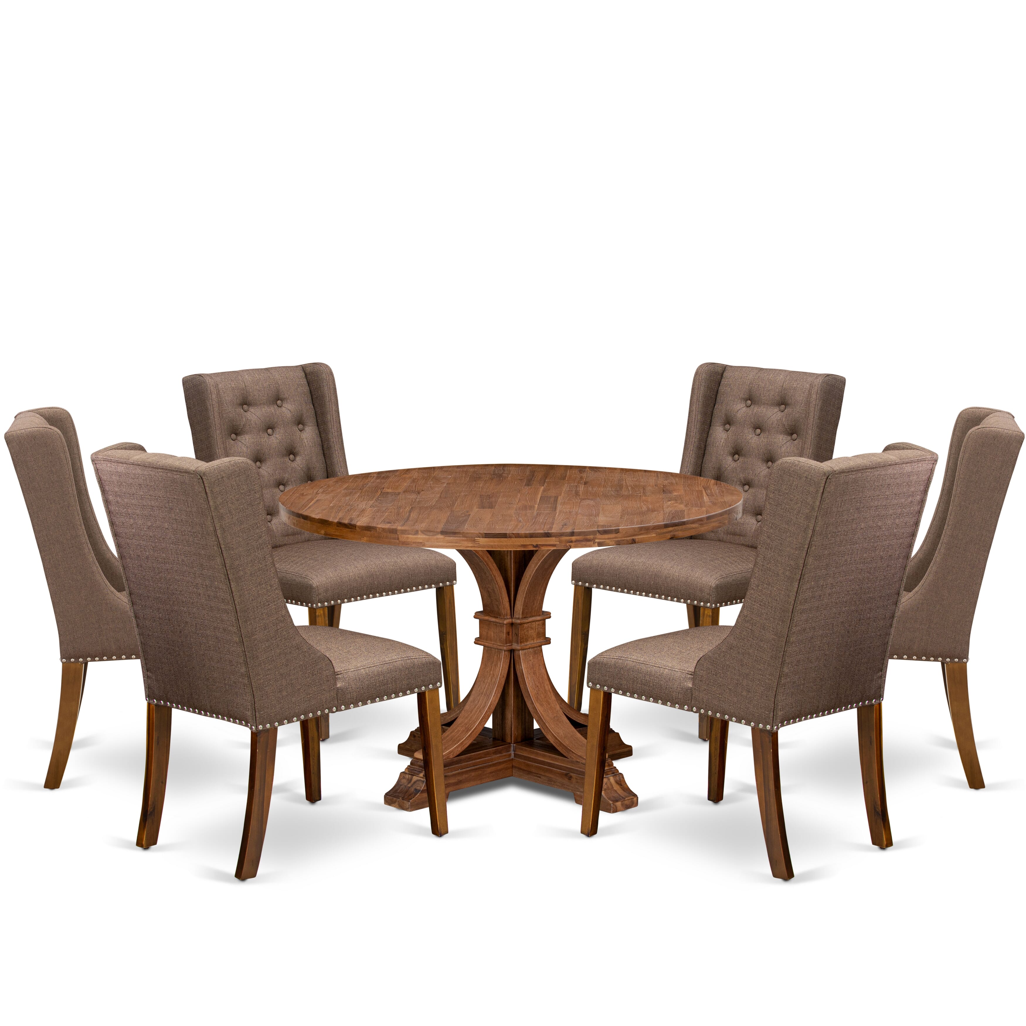 Luxe by East West Furniture - I7FO7-40N-18 - 7-Pc Modern Dining Table Set Includes A Mid Century Table and 6 Brown Linen Fabric Chairs with Button Tufted Back, Antique Walnut