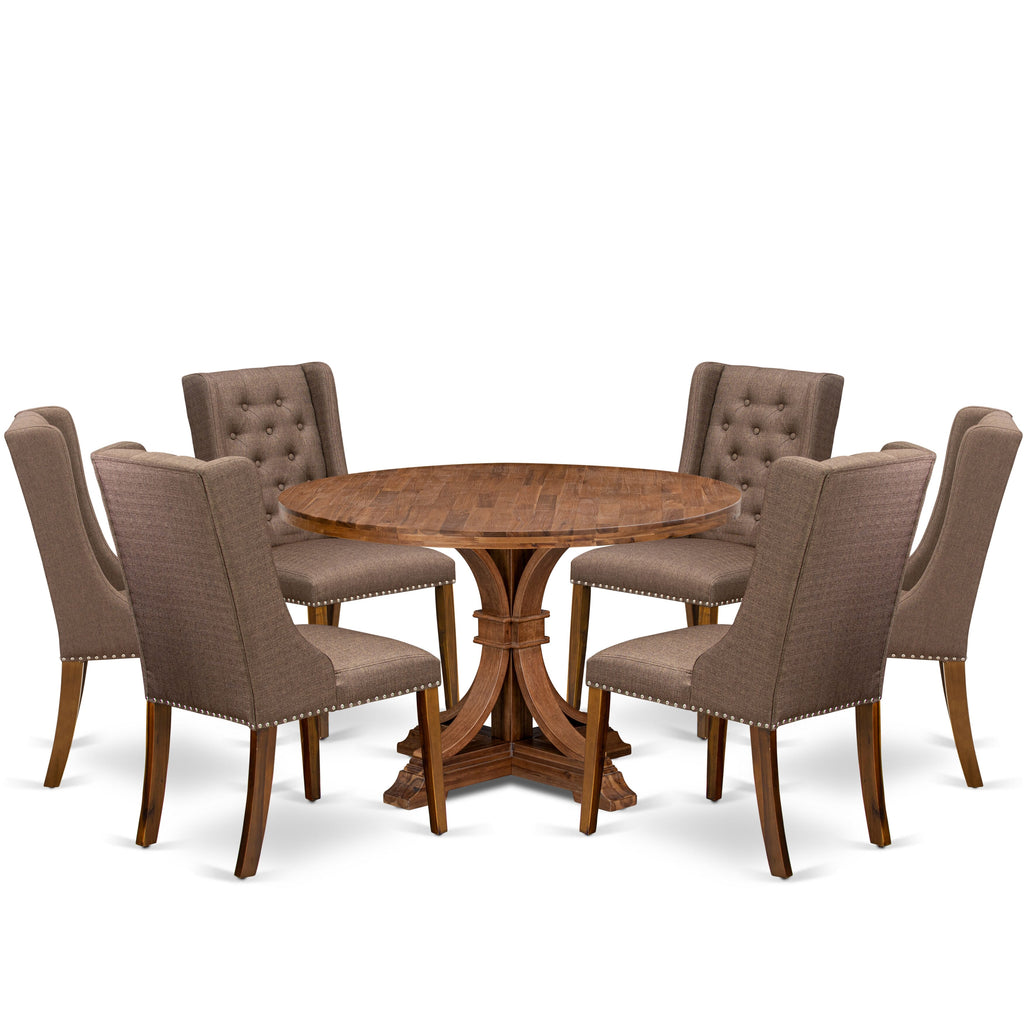 Luxe by East West Furniture - I7FO7-40N-18 - 7-Pc Modern Dining Table Set Includes A Mid Century Table and 6 Brown Linen Fabric Chairs with Button Tufted Back, Antique Walnut