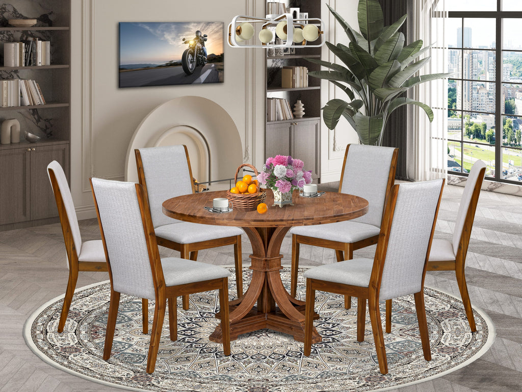 Luxe by East West Furniture I7LA7-40N-05 7-Pc Dining Room Set consists of a Pedestal Kitchen Table and 6 Grey Linen Fabric Dinner Chairs with High Back - Antique Walnut