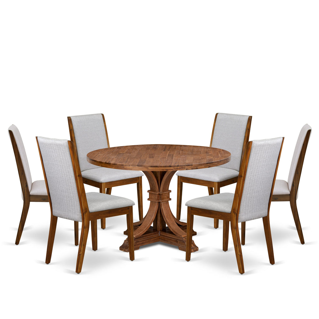 Luxe by East West Furniture I7LA7-40N-05 7-Pc Dining Room Set consists of a Pedestal Kitchen Table and 6 Grey Linen Fabric Dinner Chairs with High Back - Antique Walnut