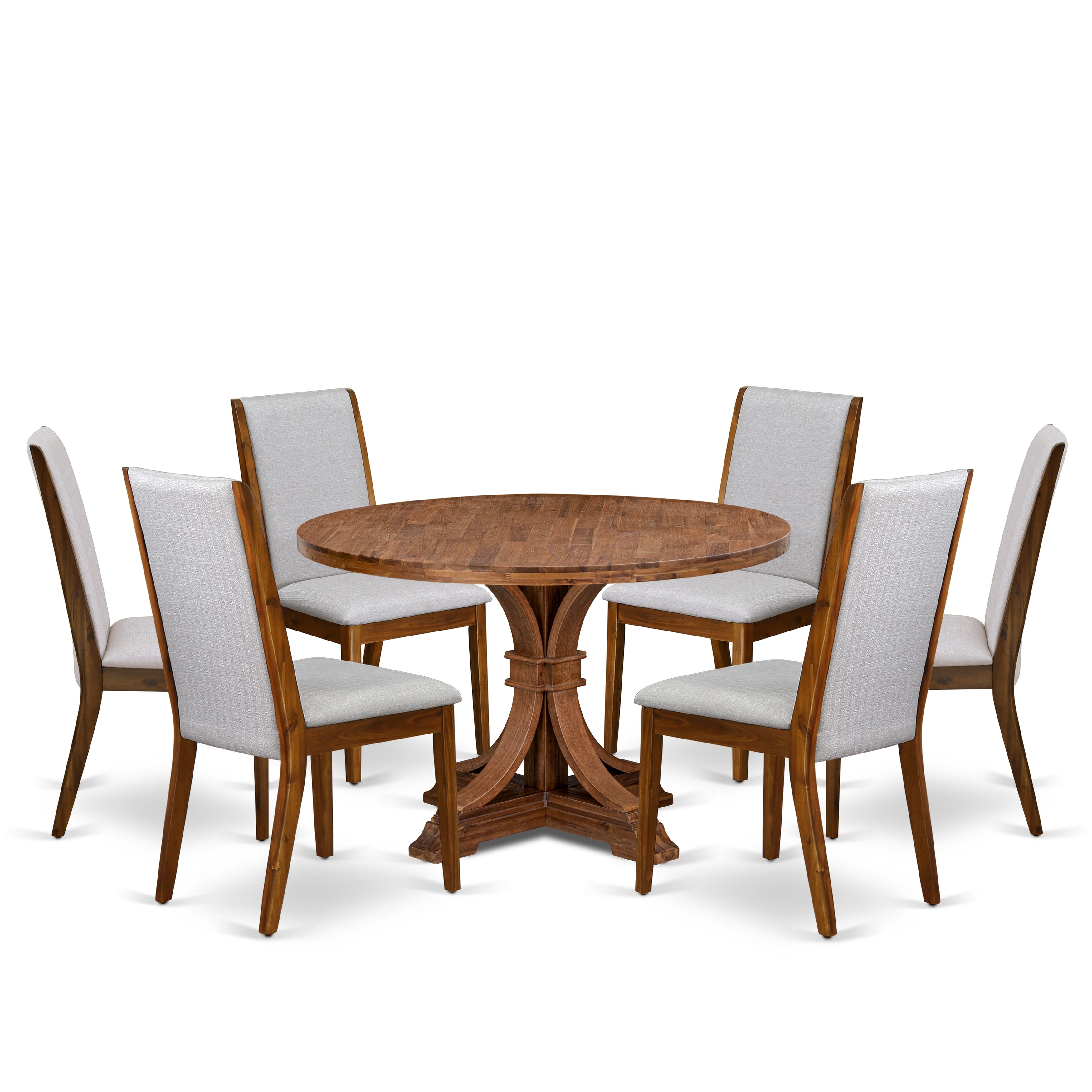 Luxe by East West Furniture I7LA7-40N-05 7-Pc Dining Room Set consists of a Pedestal Kitchen Table and 6 Grey Linen Fabric Dinner Chairs with High Back - Antique Walnut