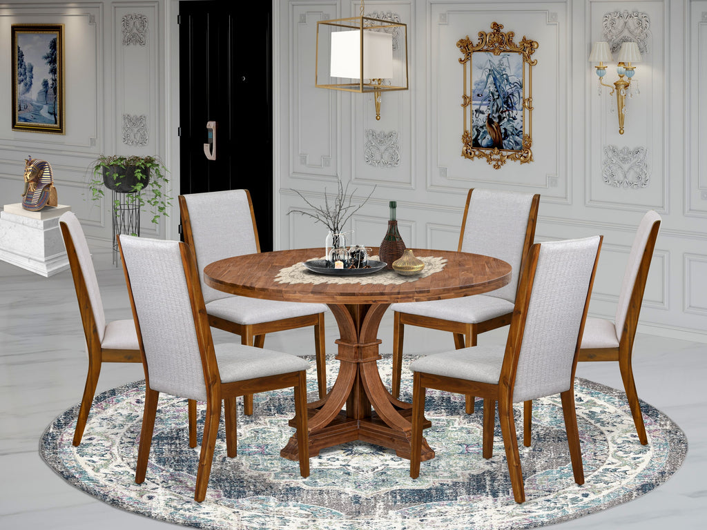 Luxe by East West Furniture I7LA7-50N-05 7-Pc Mid-century Kitchen Set consists of a Pedestal Table and 6 Grey Linen Fabric Kitchen Chairs with High Back - Antique Walnut Finish