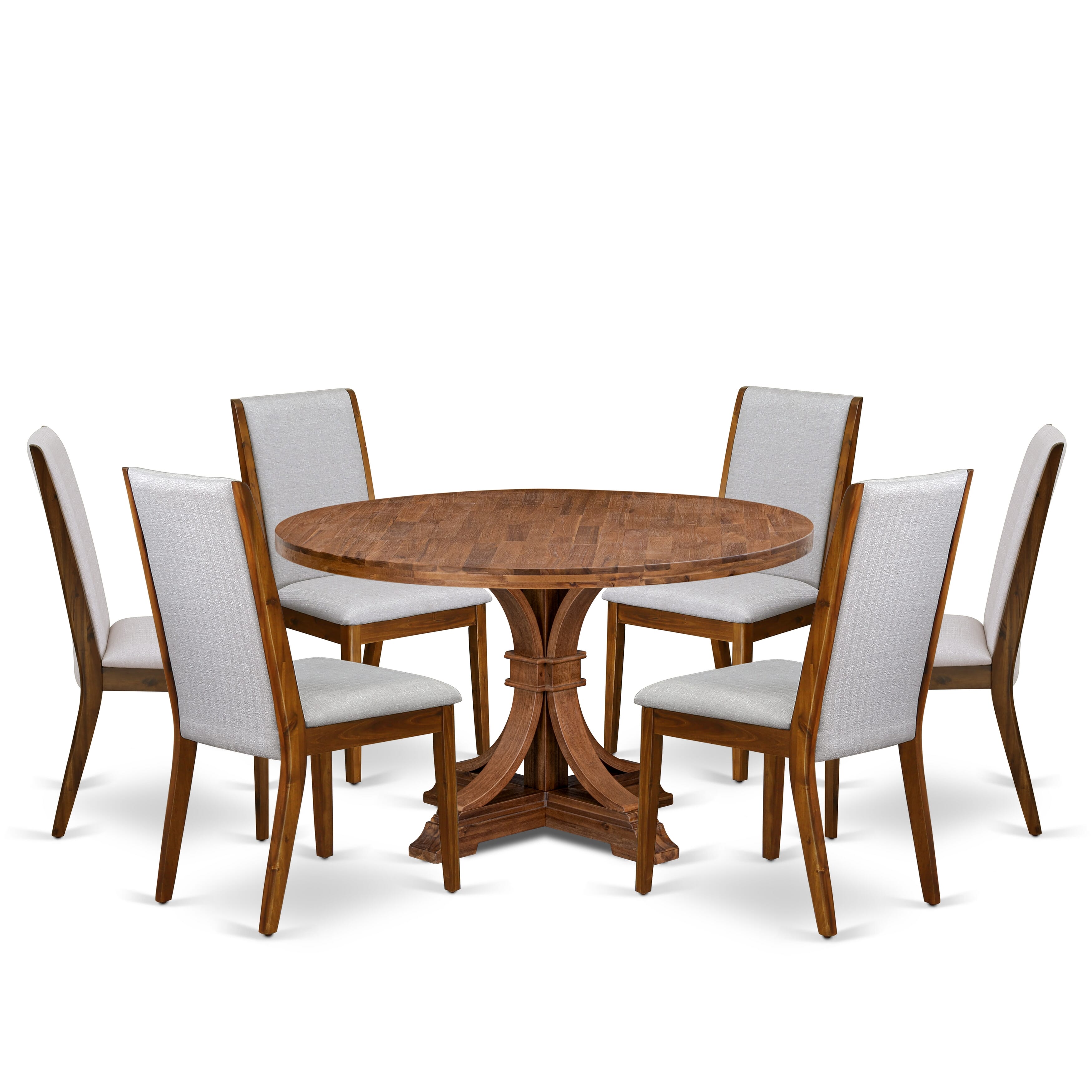 Luxe by East West Furniture I7LA7-50N-05 7-Pc Mid-century Kitchen Set consists of a Pedestal Table and 6 Grey Linen Fabric Kitchen Chairs with High Back - Antique Walnut Finish