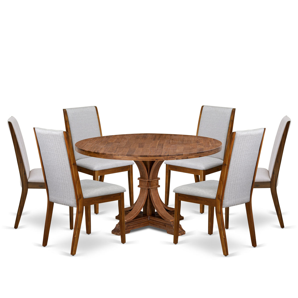 Luxe by East West Furniture I7LA7-50N-05 7-Pc Mid-century Kitchen Set consists of a Pedestal Table and 6 Grey Linen Fabric Kitchen Chairs with High Back - Antique Walnut Finish