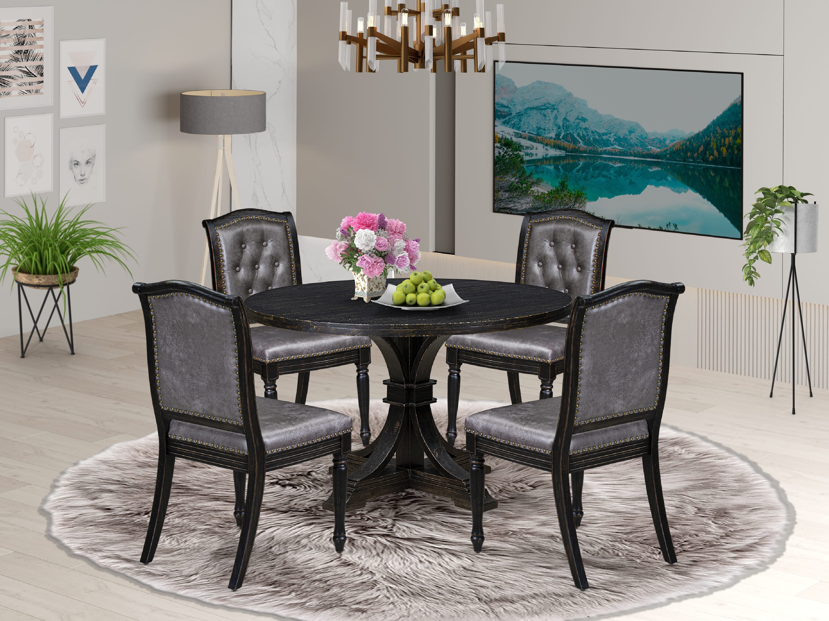 Luxe by East West Furniture I7MA5-411-34 5-Piece Mid-century Kitchen Table Set with Polyester 4 Dark Gray kitchen chairs, Button tufted Back, and A Dining Table in Sand Blasting Black Finish.