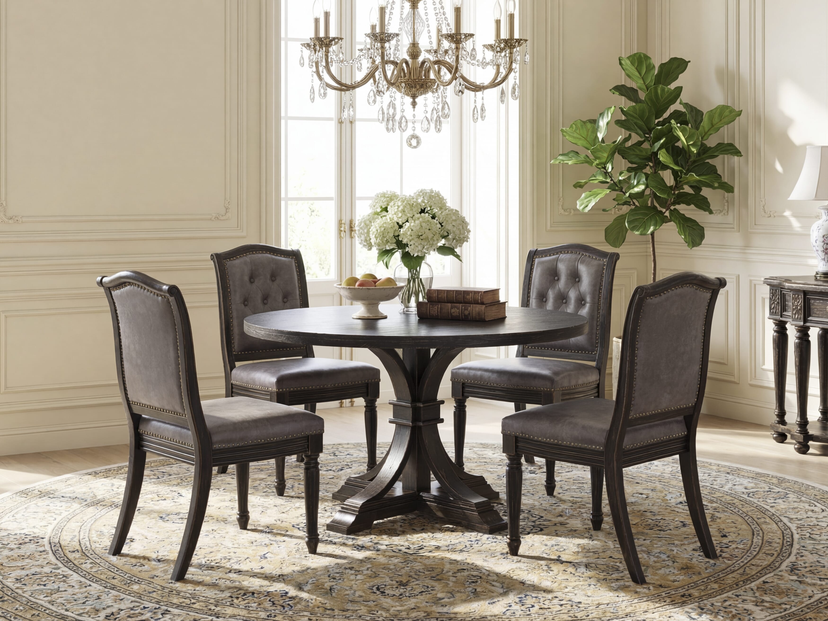 Luxe by East West Furniture I7MA5-411-34 5-Piece Mid-century Kitchen Table Set with Polyester 4 Dark Gray kitchen chairs, Button tufted Back, and A Dining Table in Sand Blasting Black Finish.
