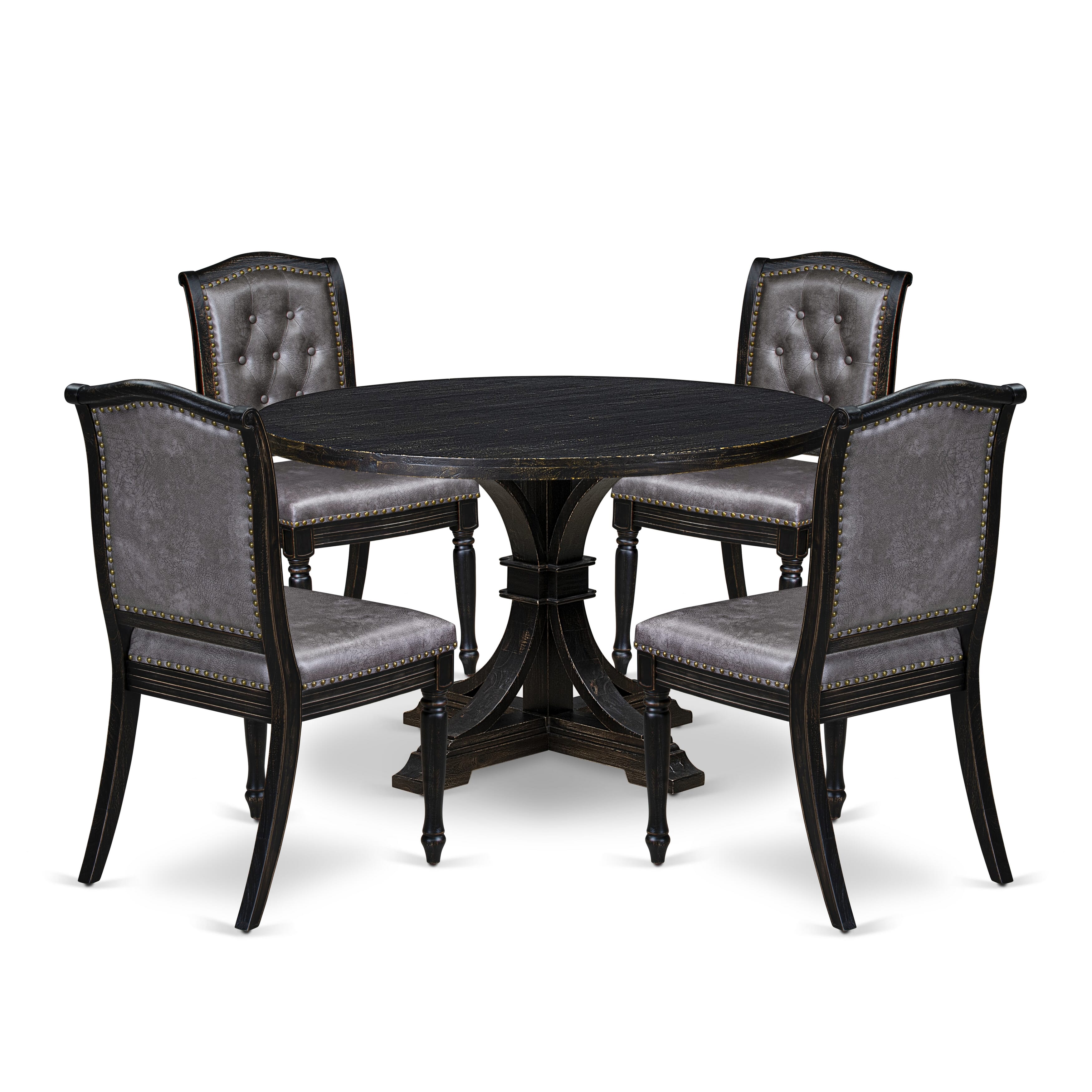 Luxe by East West Furniture I7MA5-411-34 5-Piece Mid-century Kitchen Table Set with Polyester 4 Dark Gray kitchen chairs, Button tufted Back, and A Dining Table in Sand Blasting Black Finish.