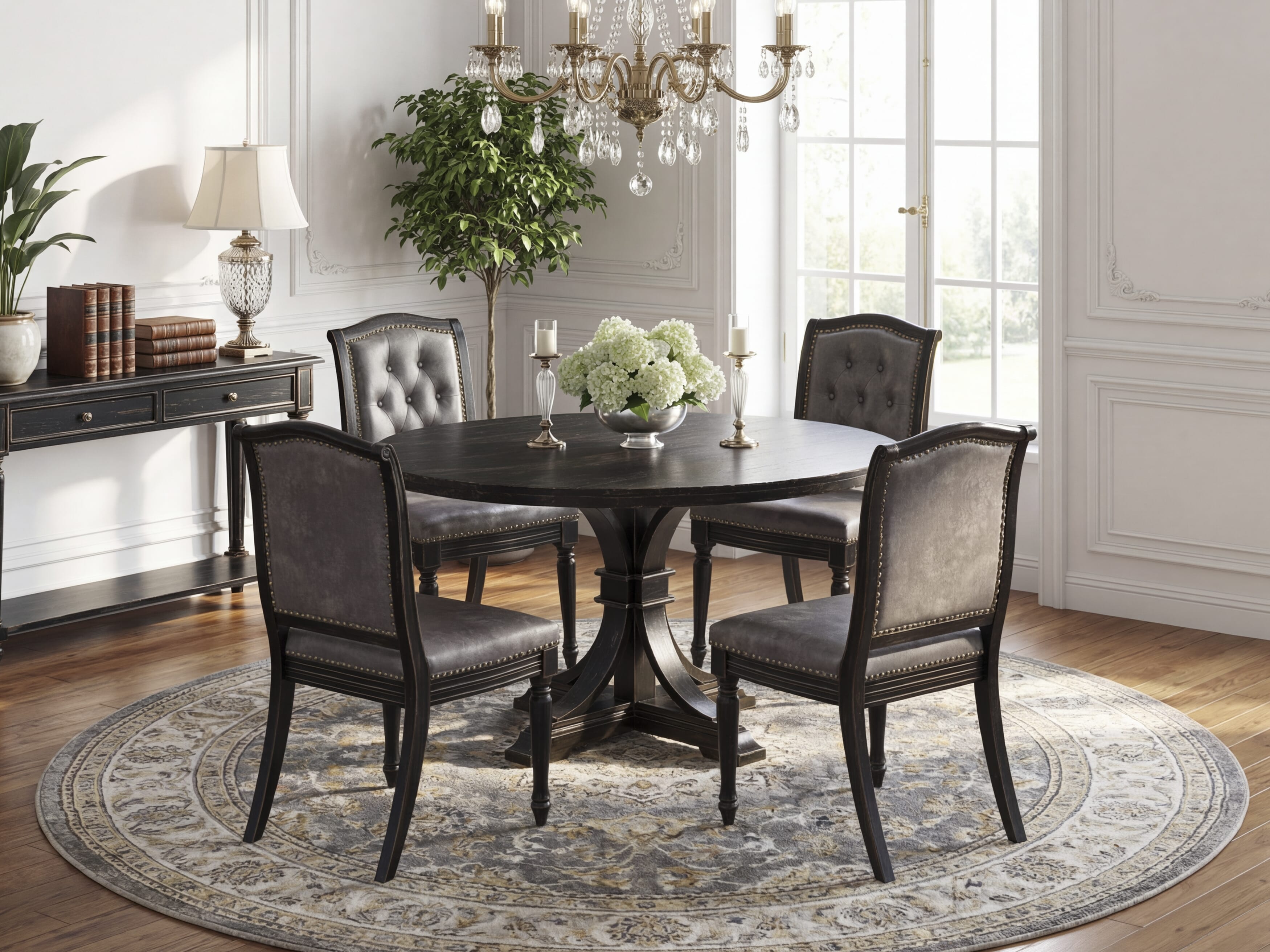 Luxe by East West Furniture I7MA5-511-34 5-Piece Kitchen Table Set with Polyester 4 Dark Gray upholstered chairs, Button tufted Back, and A Wooden Table in Sand Blasting Black Finish.