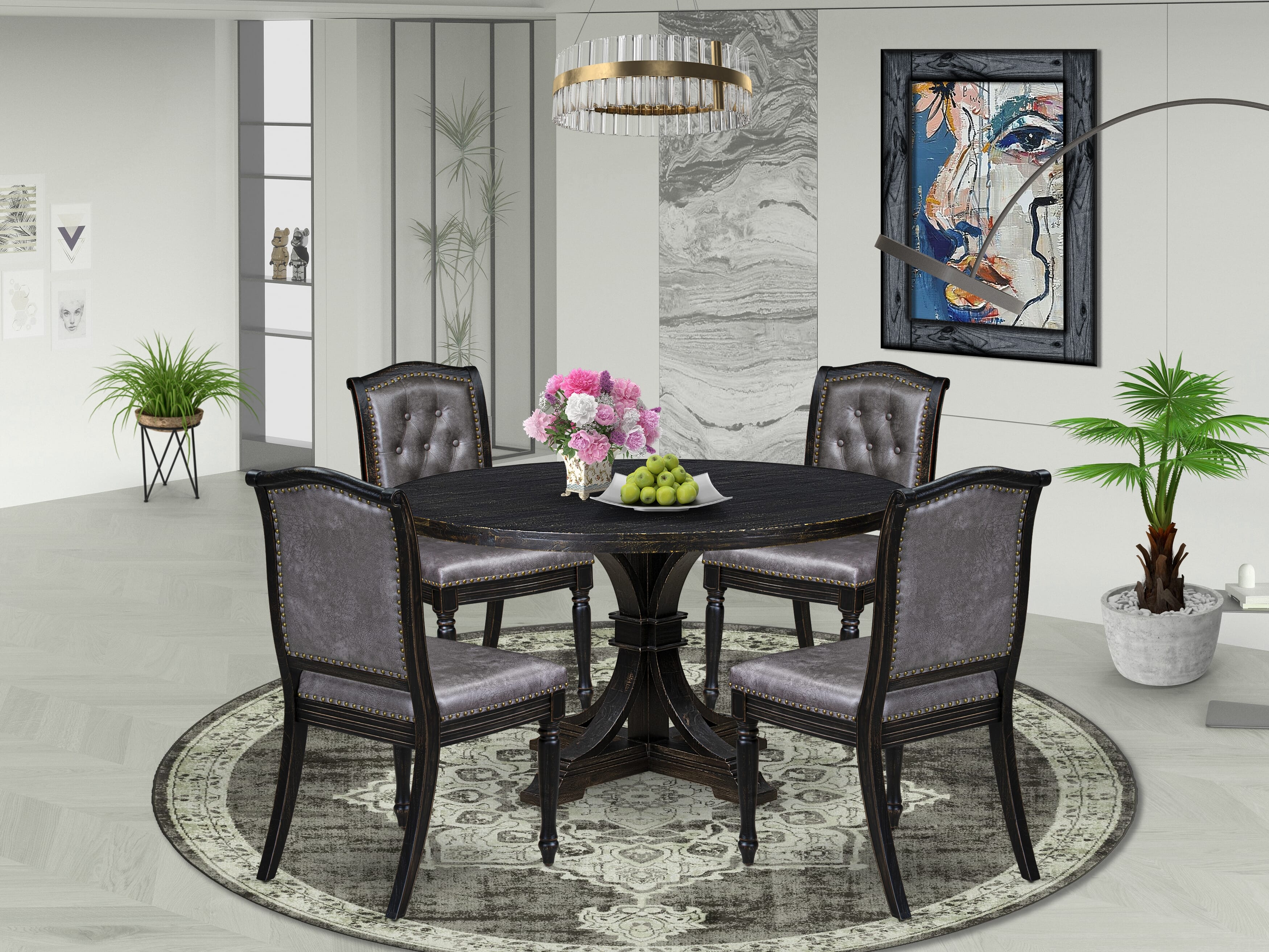Luxe by East West Furniture I7MA5-511-34 5-Piece Kitchen Table Set with Polyester 4 Dark Gray upholstered chairs, Button tufted Back, and A Wooden Table in Sand Blasting Black Finish.