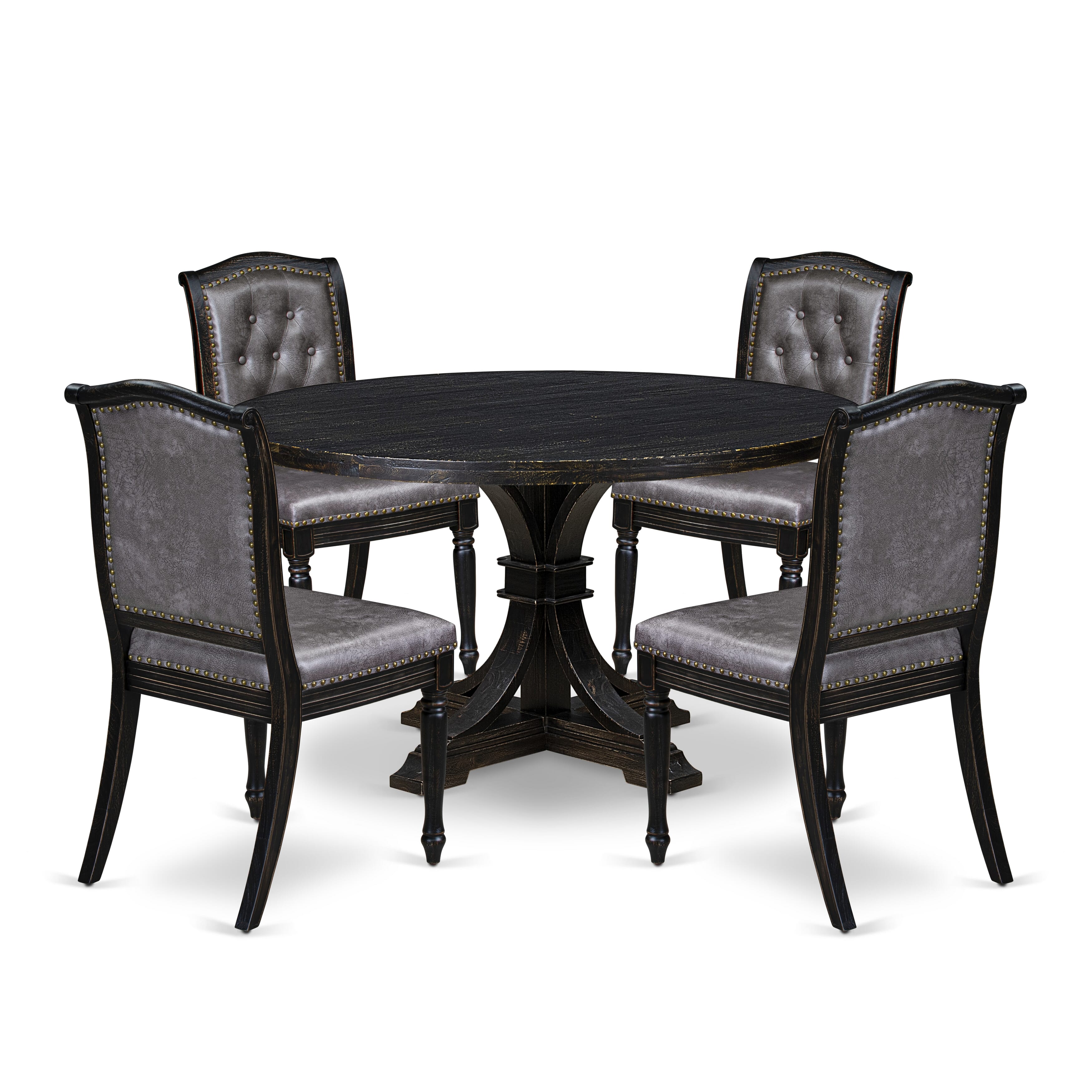 Luxe by East West Furniture I7MA5-511-34 5-Piece Kitchen Table Set with Polyester 4 Dark Gray upholstered chairs, Button tufted Back, and A Wooden Table in Sand Blasting Black Finish.