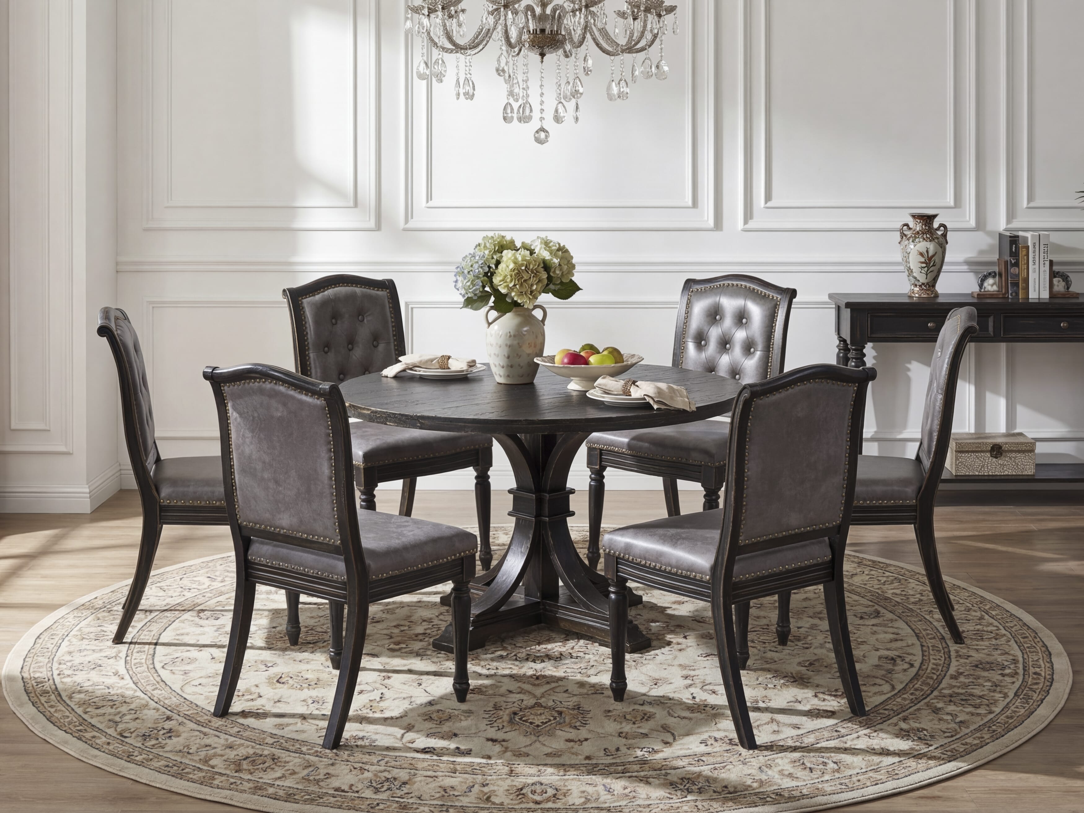 Luxe by East West Furniture I7MA7-411-34 7-Piece Dining Room Set with Polyester 6 Dark Gray Parson dining chairs, Button tufted Back, and A Dinner Table in Sand Blasting Black Finish.