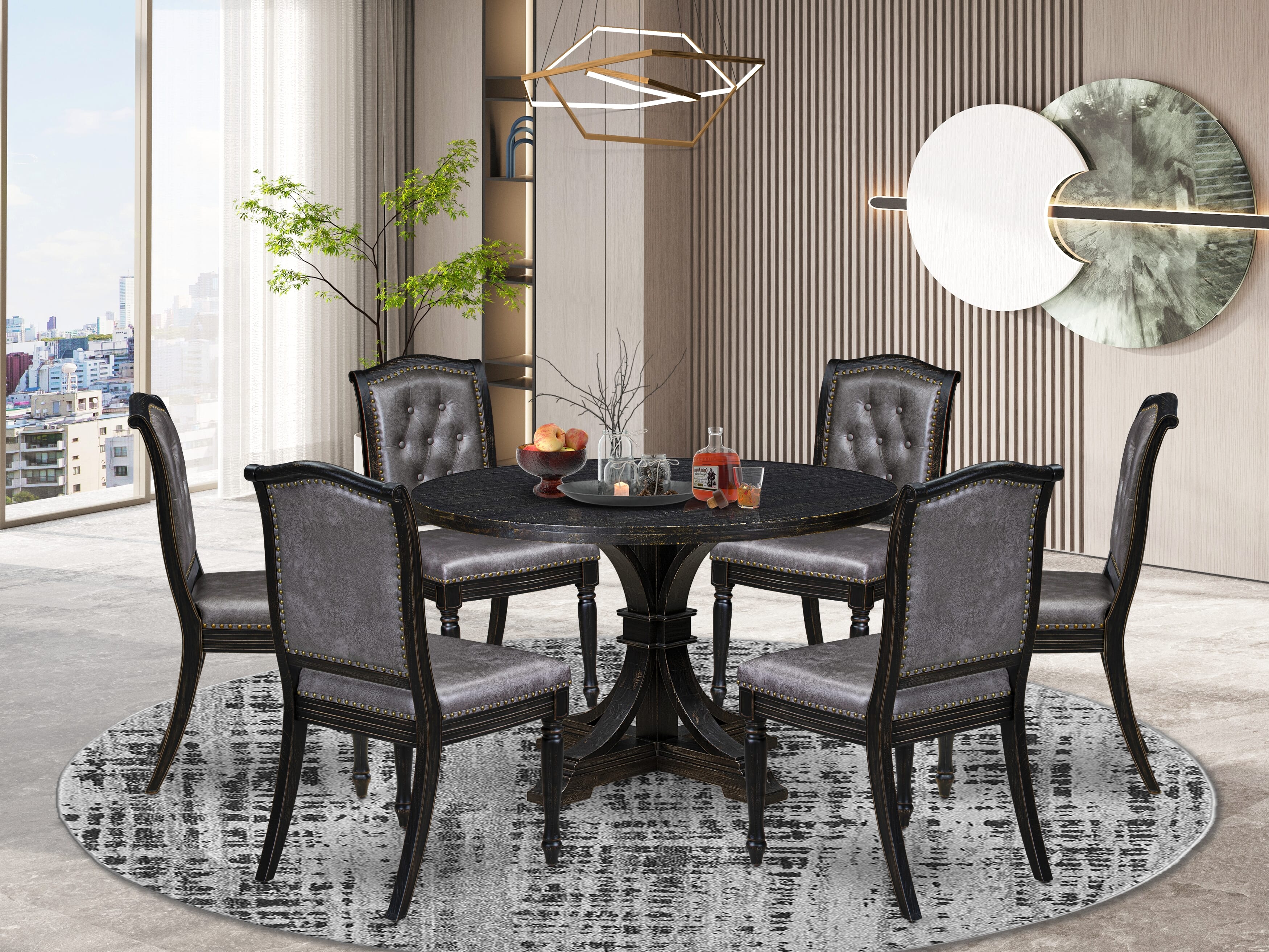 Luxe by East West Furniture I7MA7-411-34 7-Piece Dining Room Set with Polyester 6 Dark Gray Parson dining chairs, Button tufted Back, and A Dinner Table in Sand Blasting Black Finish.
