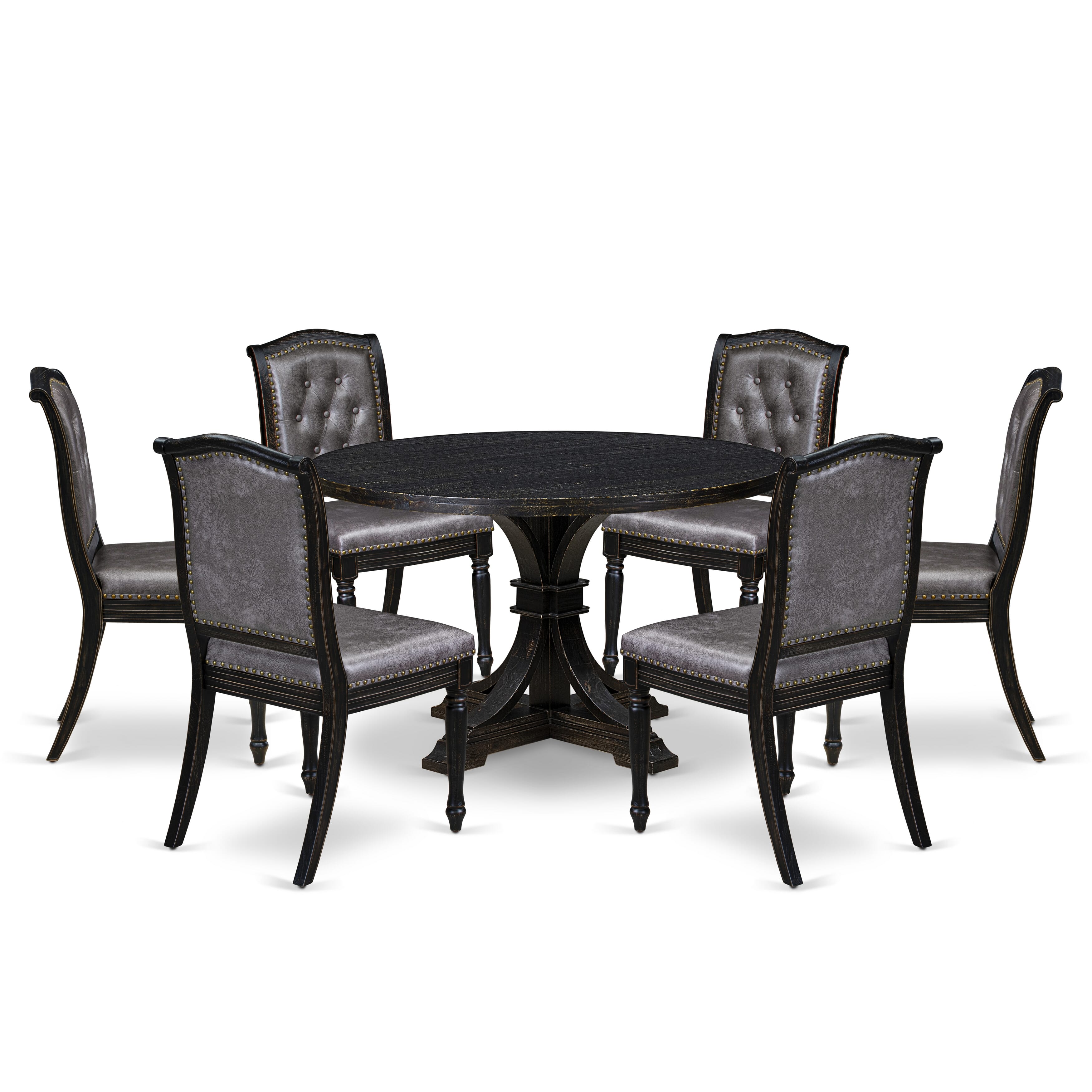 Luxe by East West Furniture I7MA7-411-34 7-Piece Dining Room Set with Polyester 6 Dark Gray Parson dining chairs, Button tufted Back, and A Dinner Table in Sand Blasting Black Finish.