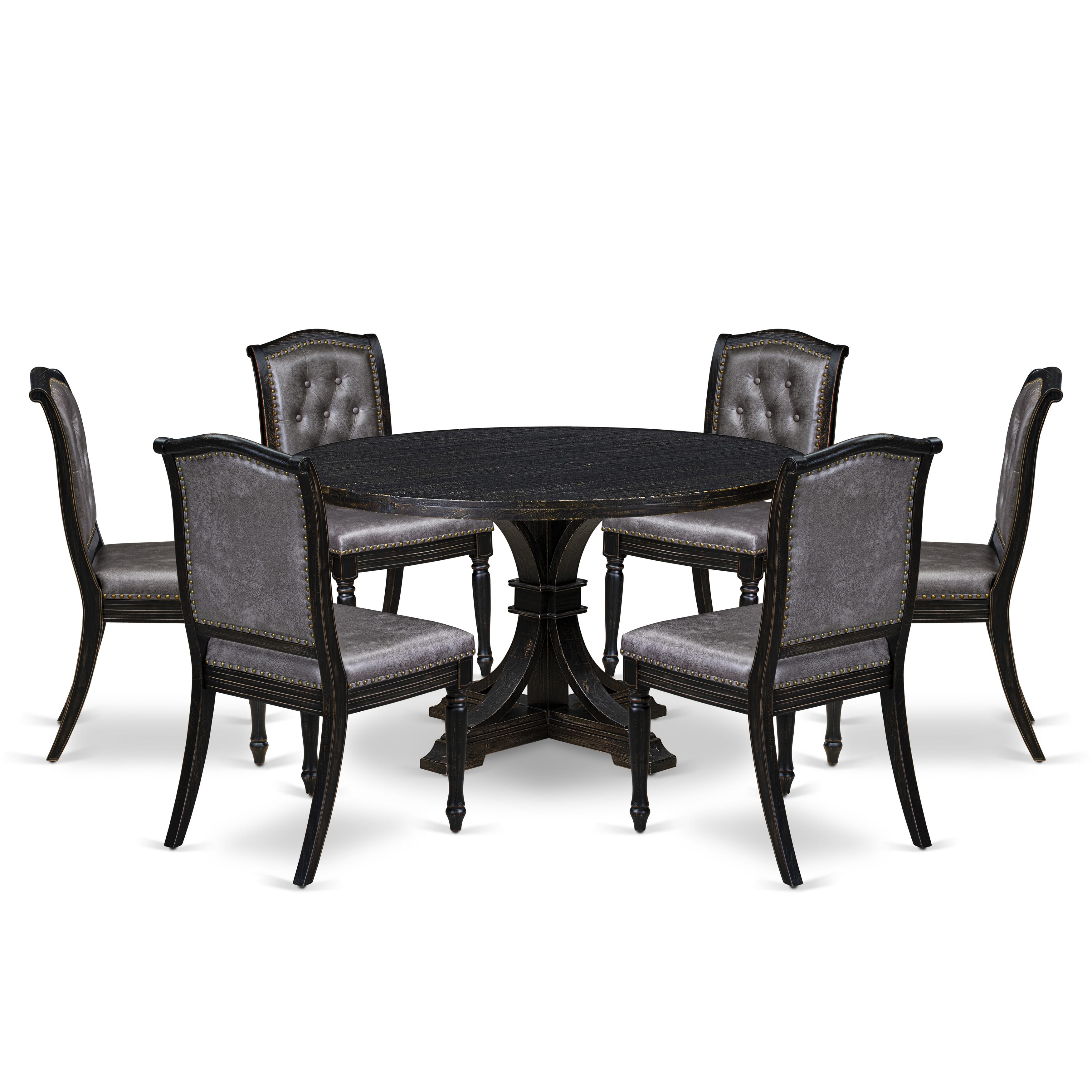 Luxe by East West Furniture I7MA7-511-34 7-Piece Kitchen Table Set with Polyester 6 Dark Gray kitchen chairs, Button tufted Back, and A Round Dining Table in Sand Blasting Black Finish.