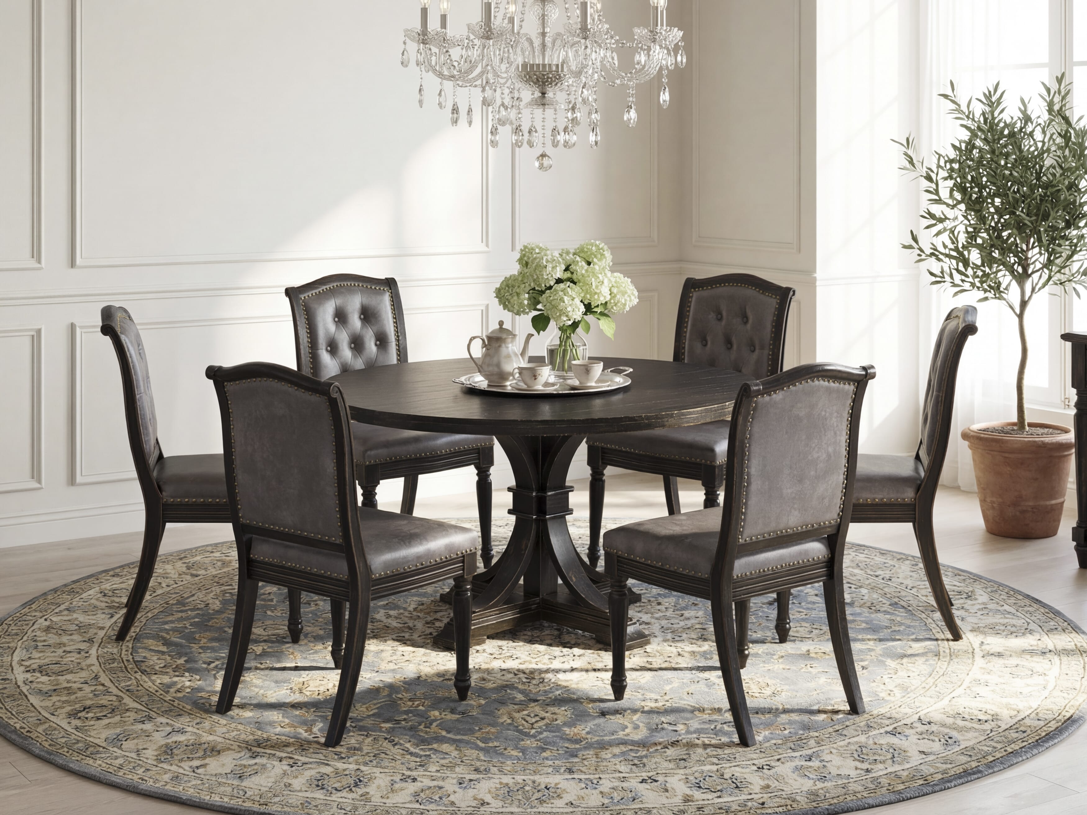 Luxe by East West Furniture I7MA7-511-34 7-Piece Kitchen Table Set with Polyester 6 Dark Gray kitchen chairs, Button tufted Back, and A Round Dining Table in Sand Blasting Black Finish.
