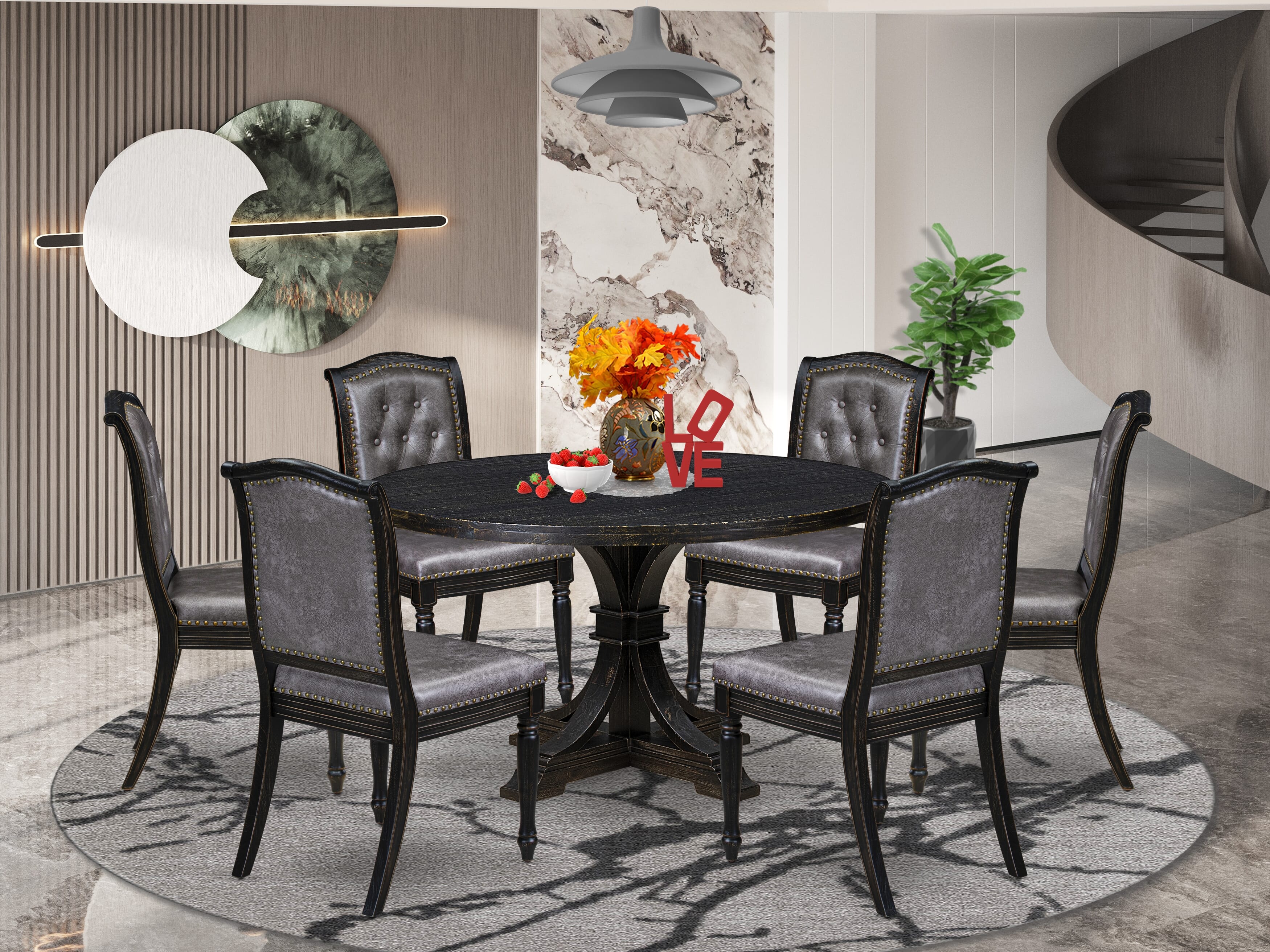 Luxe by East West Furniture I7MA7-511-34 7-Piece Kitchen Table Set with Polyester 6 Dark Gray kitchen chairs, Button tufted Back, and A Round Dining Table in Sand Blasting Black Finish.