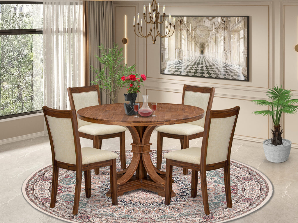 Luxe by East West Furniture I7MZ5-40N-02 5-Pc Dining Table Set consists of a Pedestal Table and 4 Light Beige Linen Fabric Kitchen Chairs with Padded Back - Antique Walnut