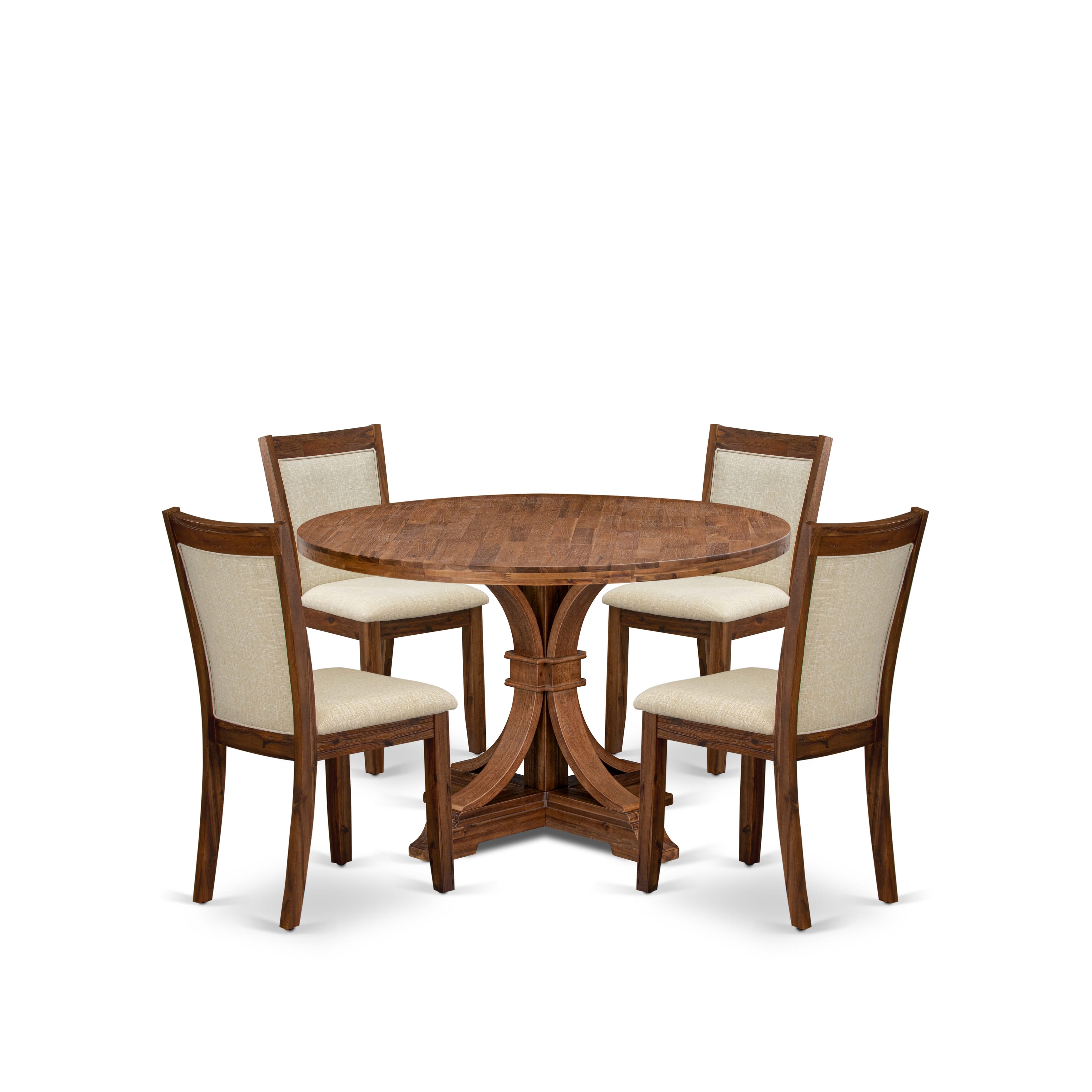 Luxe by East West Furniture I7MZ5-40N-02 5-Pc Dining Table Set consists of a Pedestal Table and 4 Light Beige Linen Fabric Kitchen Chairs with Padded Back - Antique Walnut