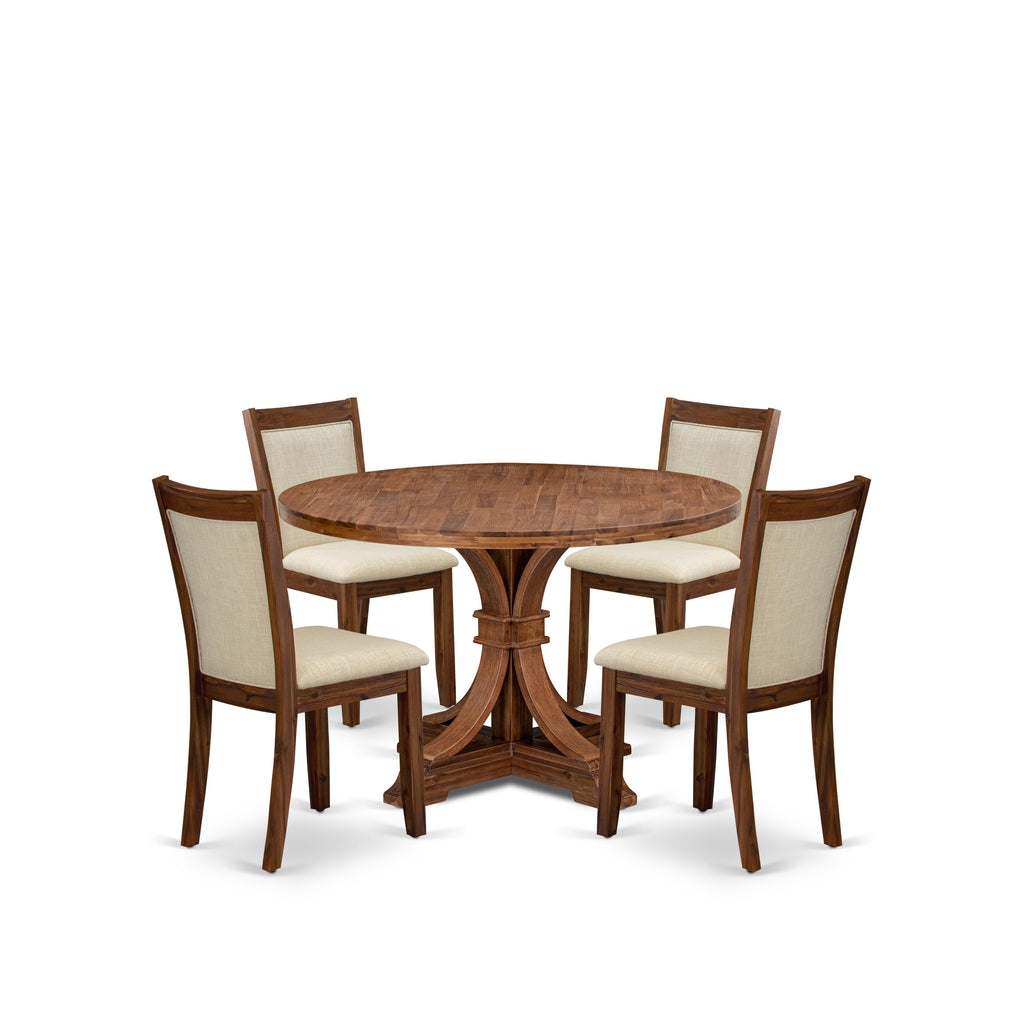 Luxe by East West Furniture I7MZ5-40N-02 5-Pc Dining Table Set consists of a Pedestal Table and 4 Light Beige Linen Fabric Kitchen Chairs with Padded Back - Antique Walnut